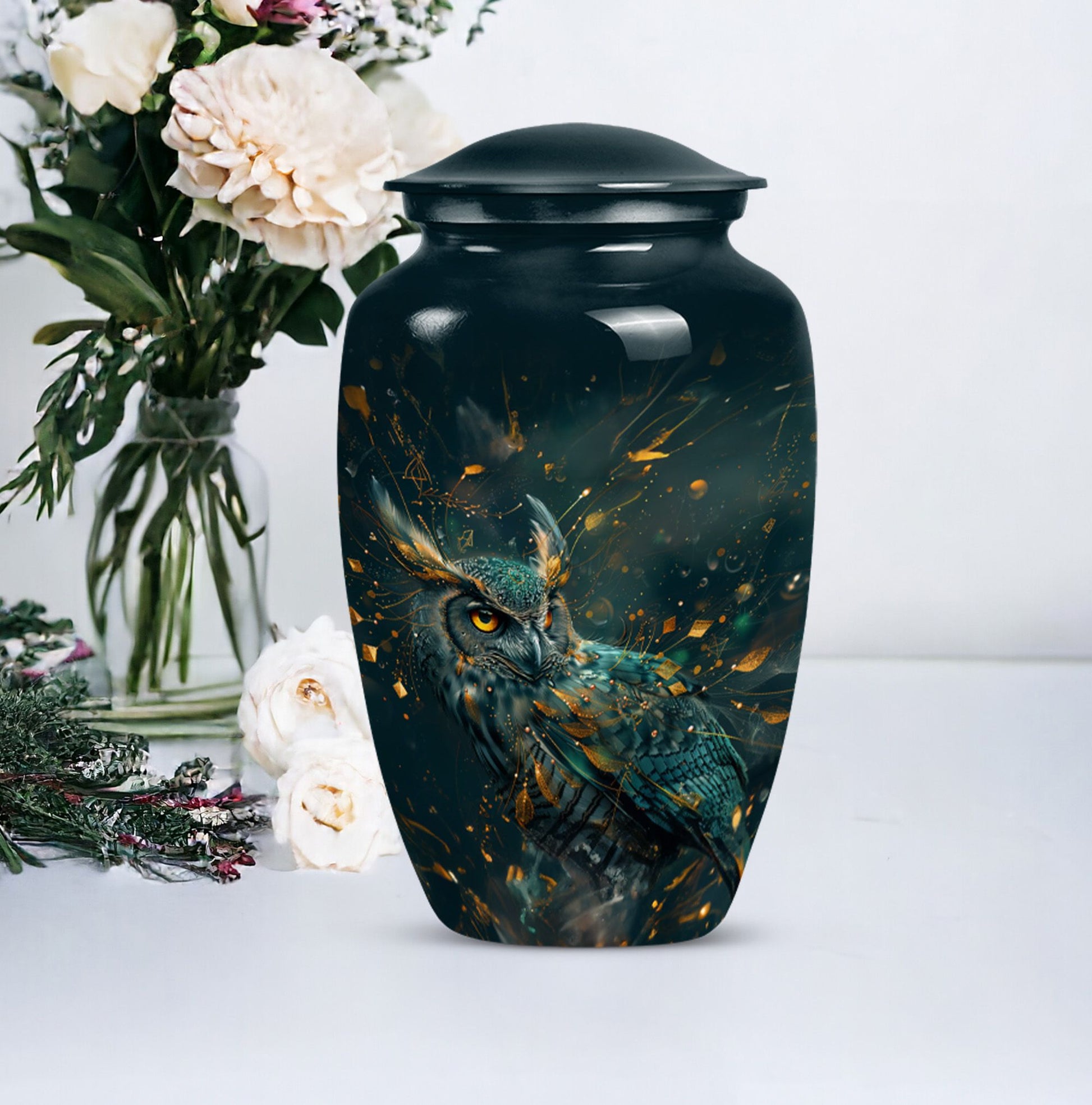 10-inch classic owl urn in abstract design.