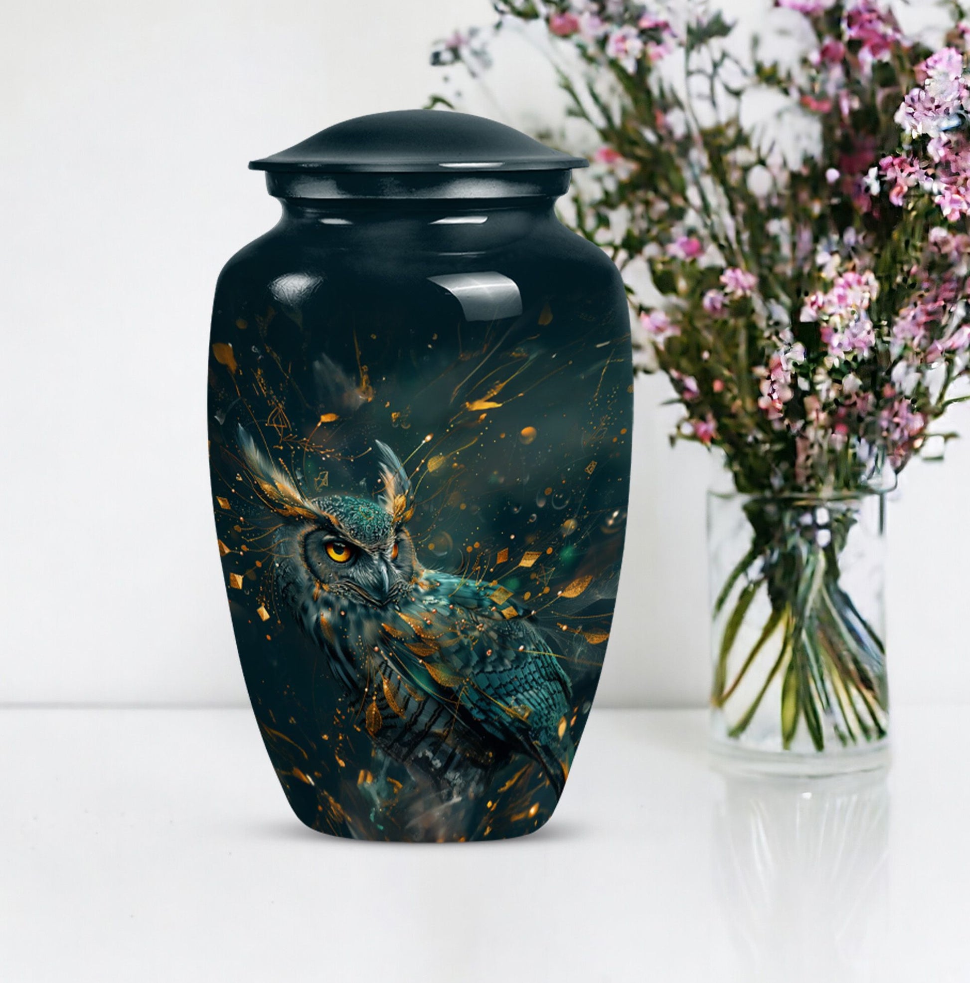 10-inch classic owl urn in abstract design.