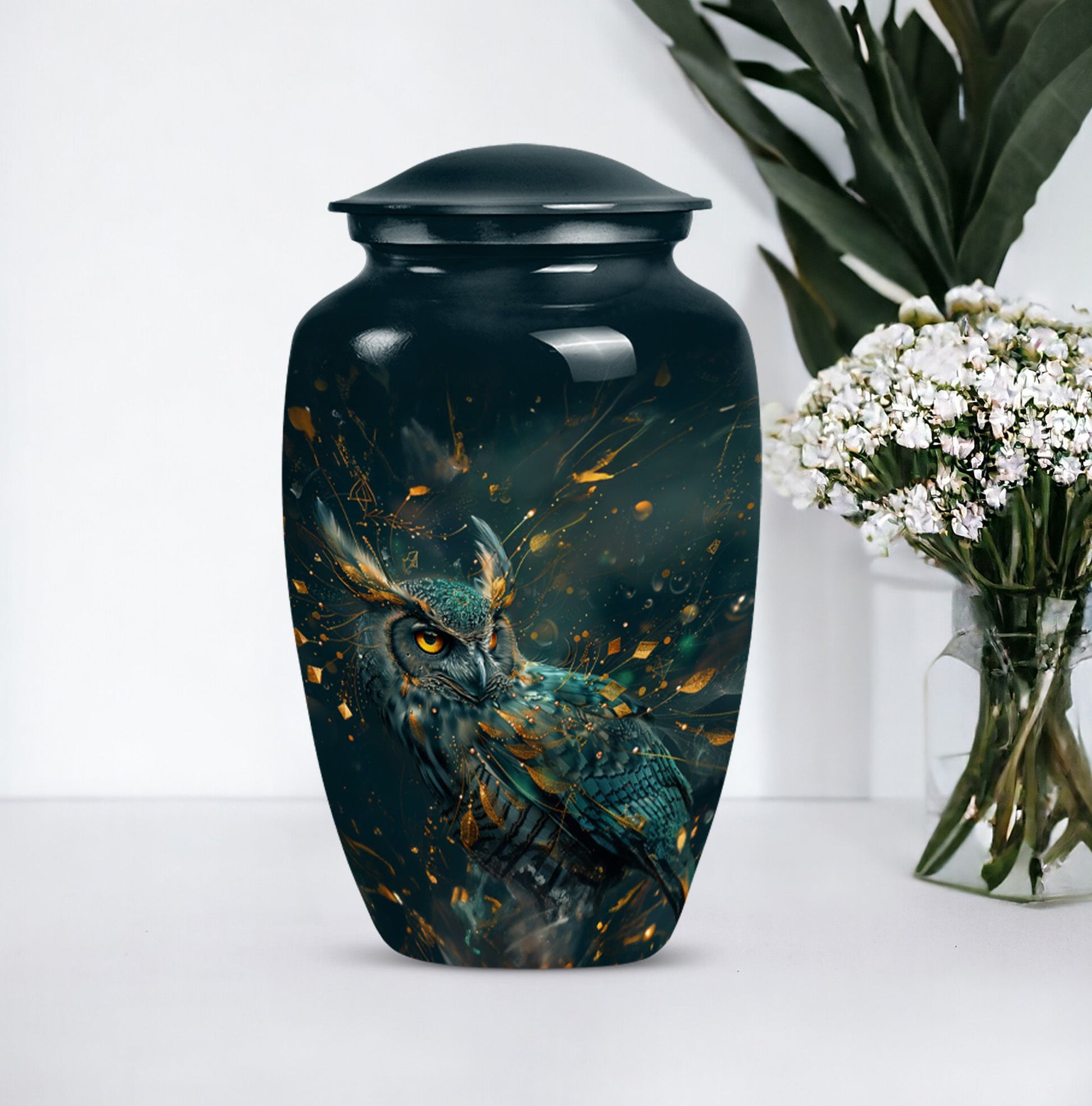 10-inch classic owl urn in abstract design.