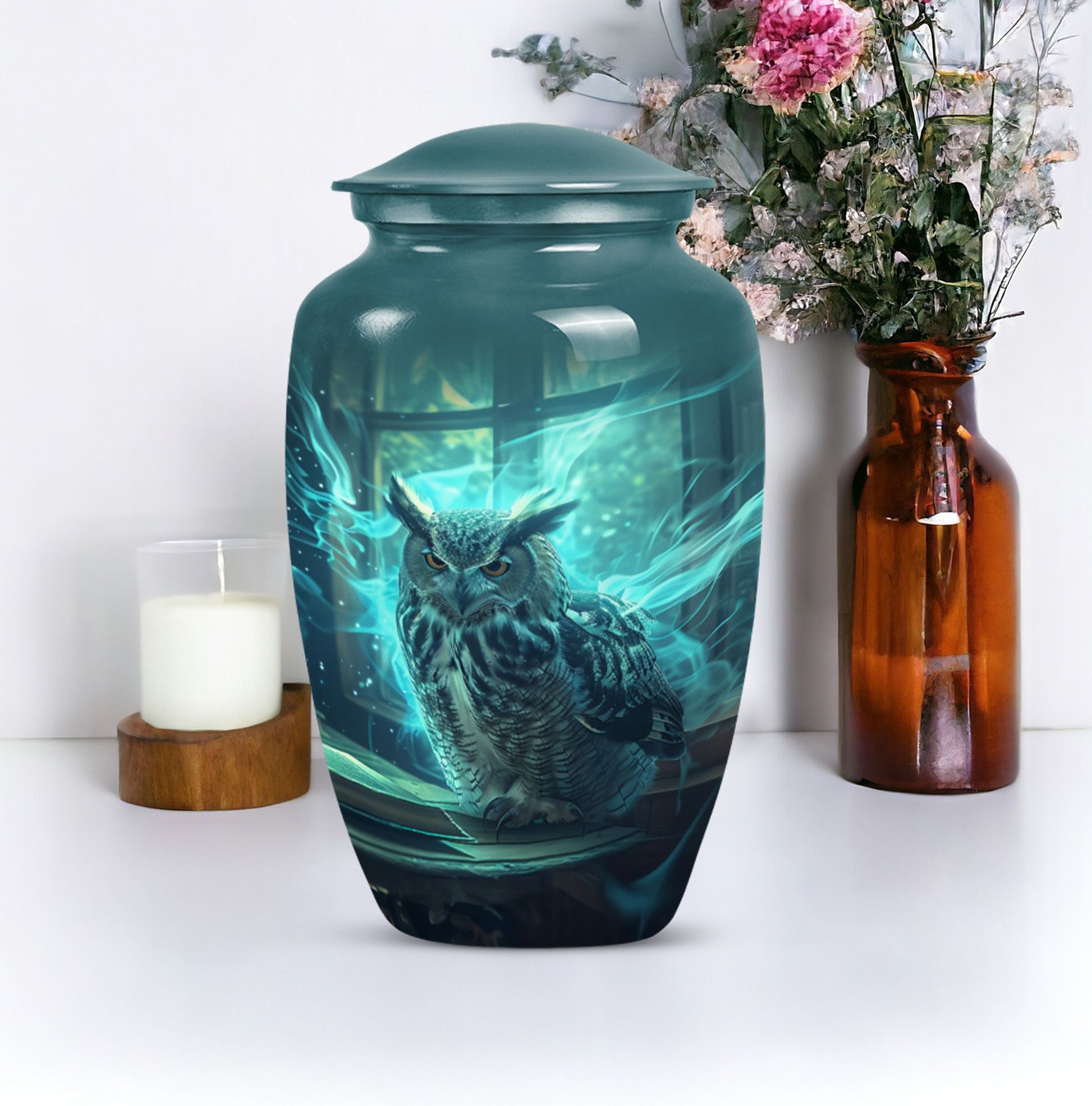 10-inch classic owl urn for male cremation.