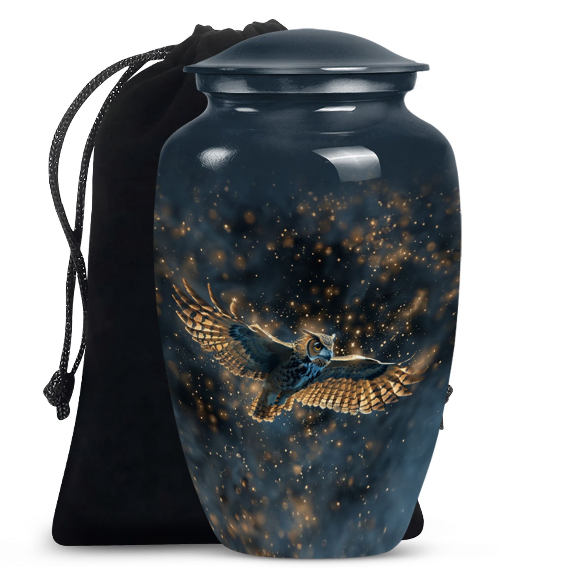  owl urn in abstract design, includes velvet pouch 