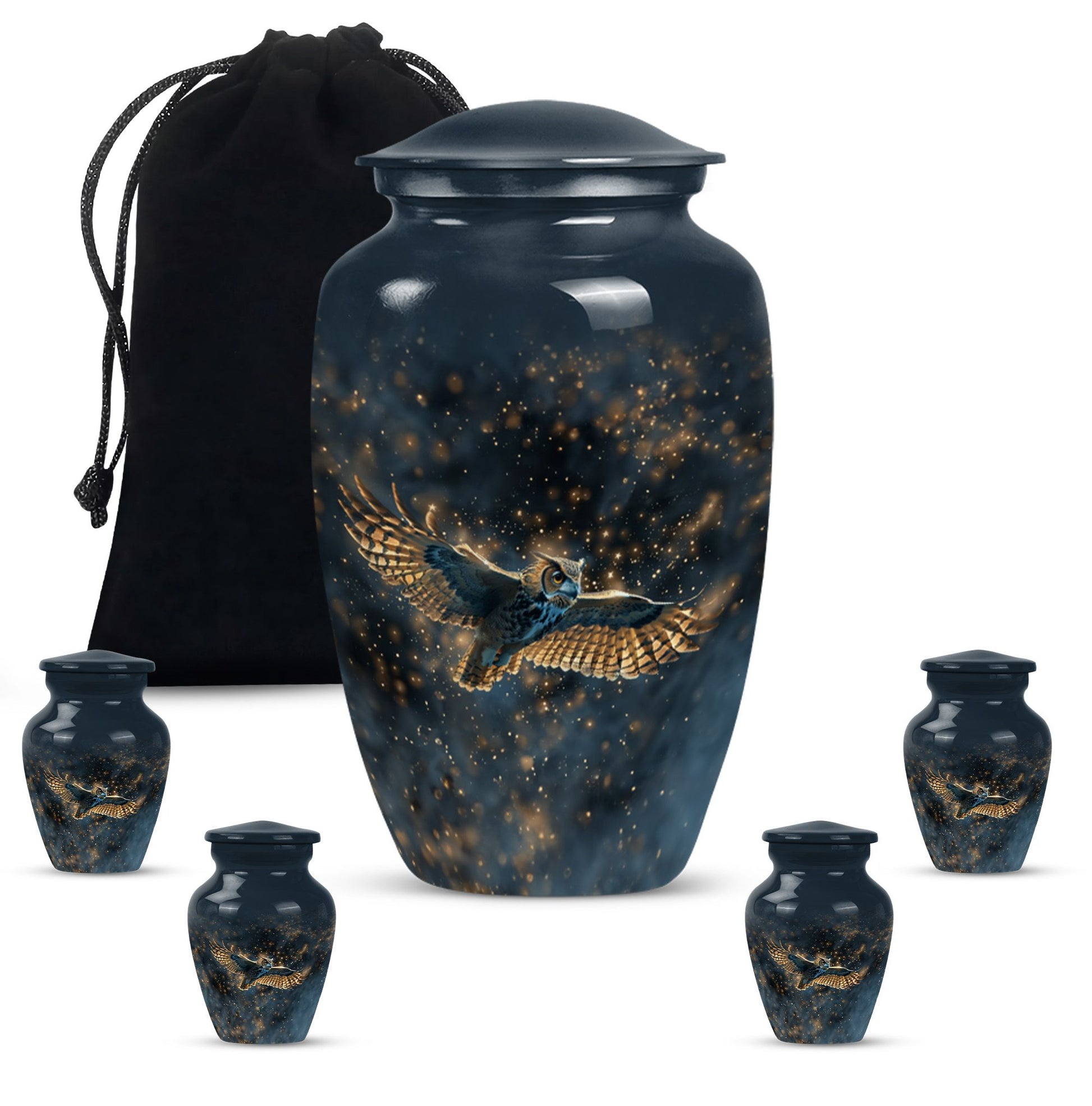  owl urn in abstract design, includes velvet pouch 