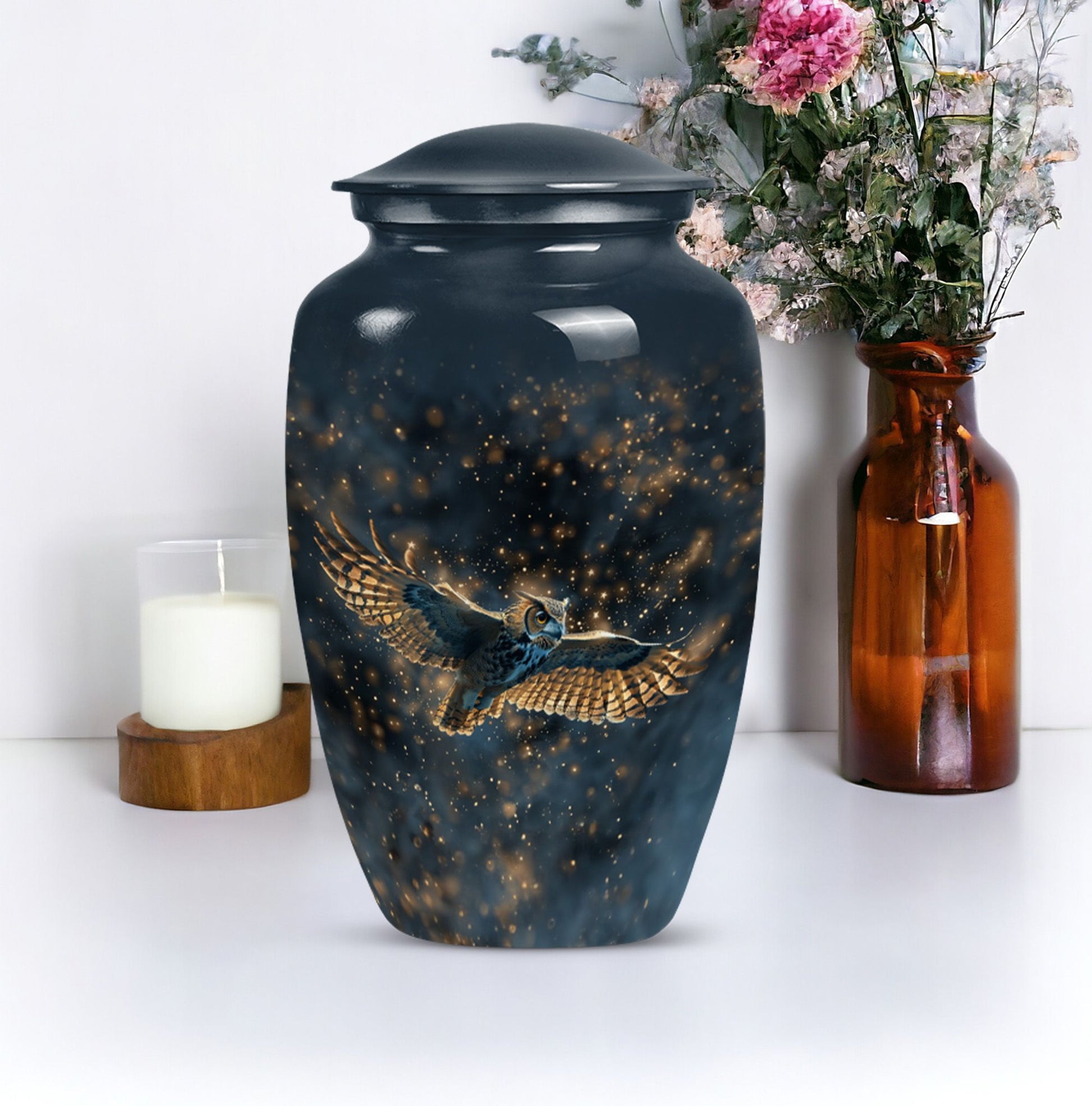  owl urn in abstract design, includes velvet pouch 