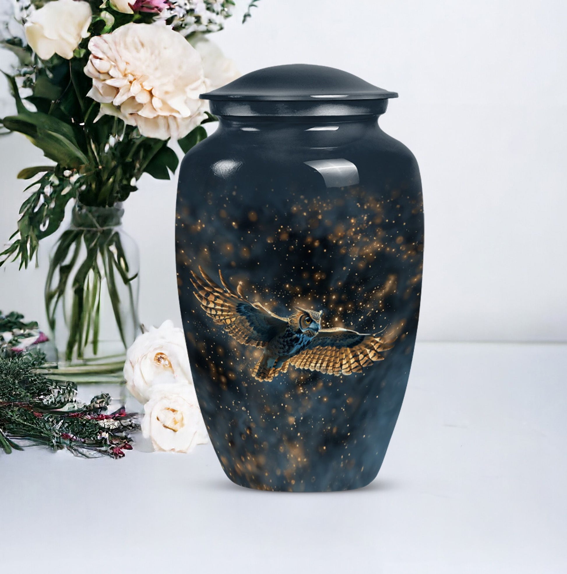  owl urn in abstract design, includes velvet pouch 