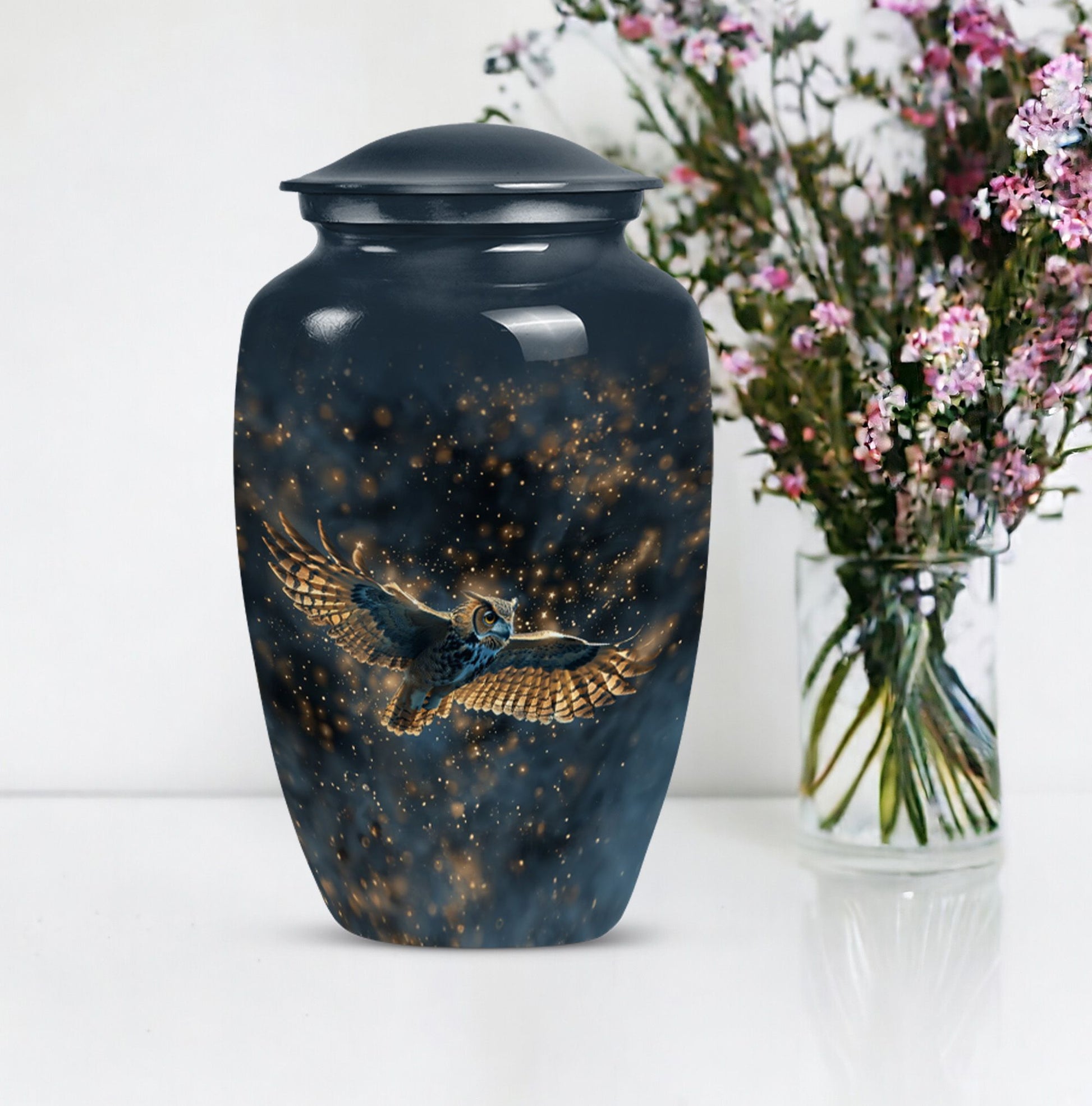  owl urn in abstract design, includes velvet pouch 