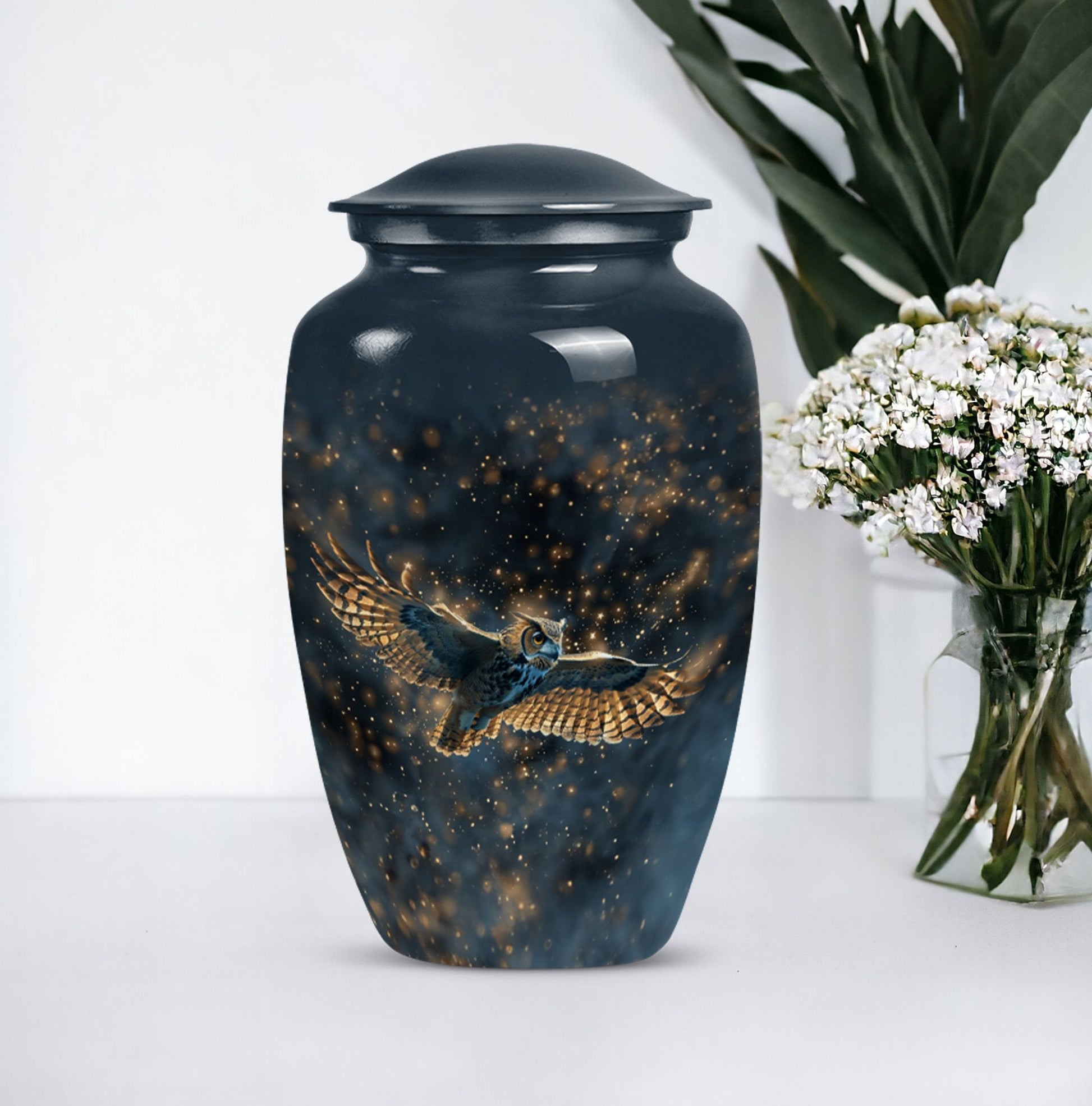  owl urn in abstract design, includes velvet pouch 