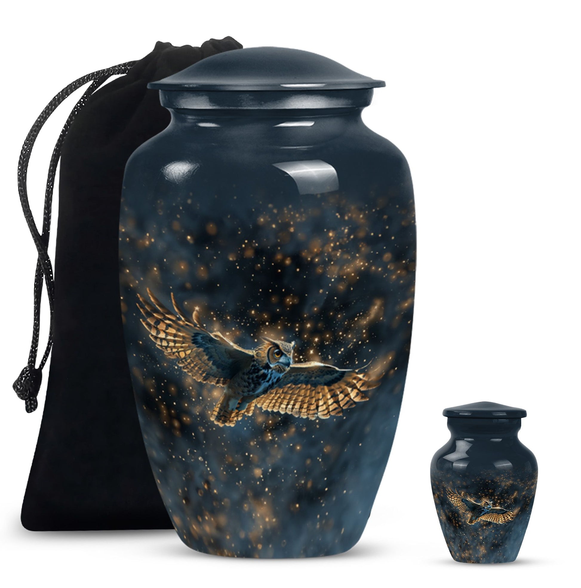  owl urn in abstract design, includes velvet pouch 