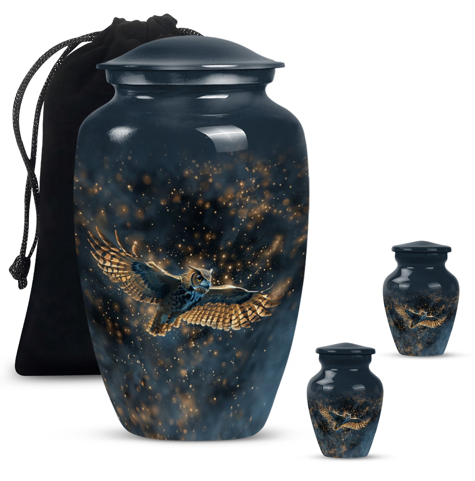  owl urn in abstract design, includes velvet pouch 