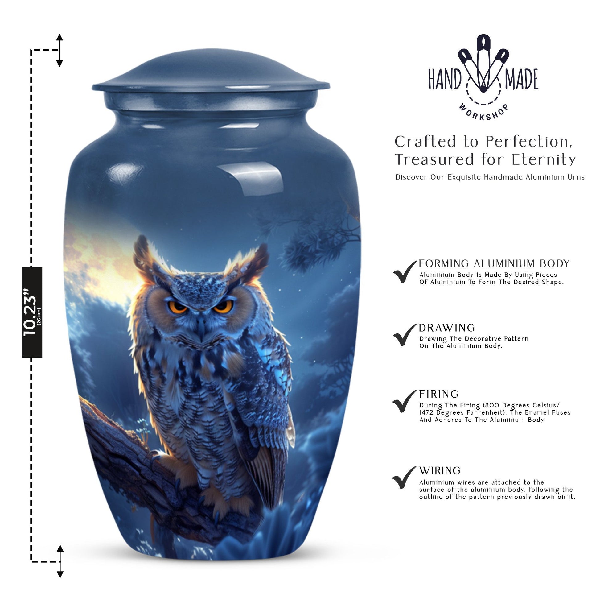 10 inch classic owl urn made of aluminium,.