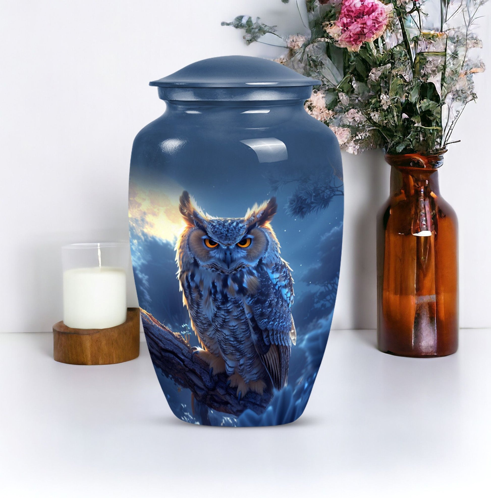 10 inch classic owl urn made of aluminium,.