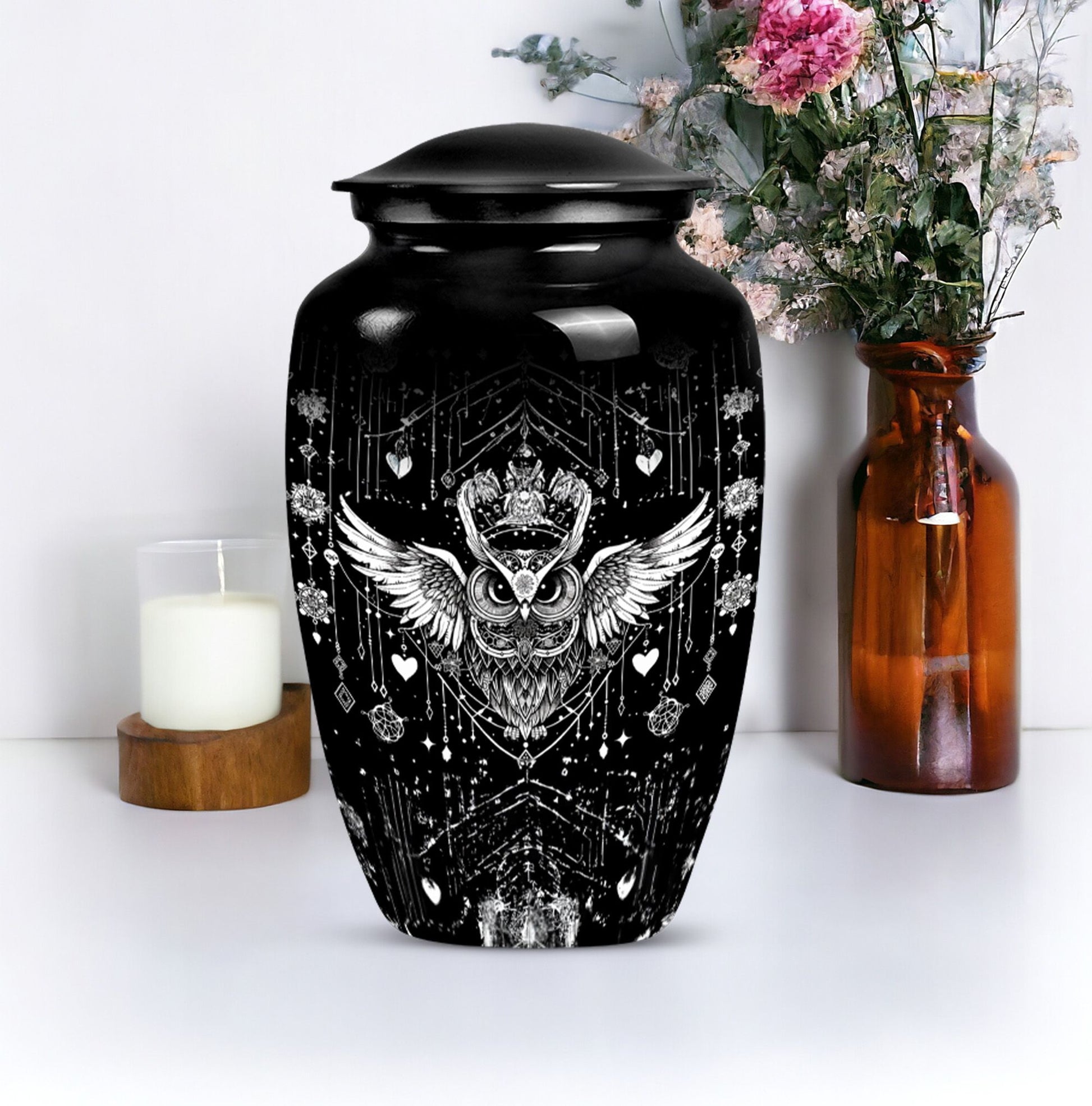 Classic 10-inch owl urn for cremation, aluminum-made 