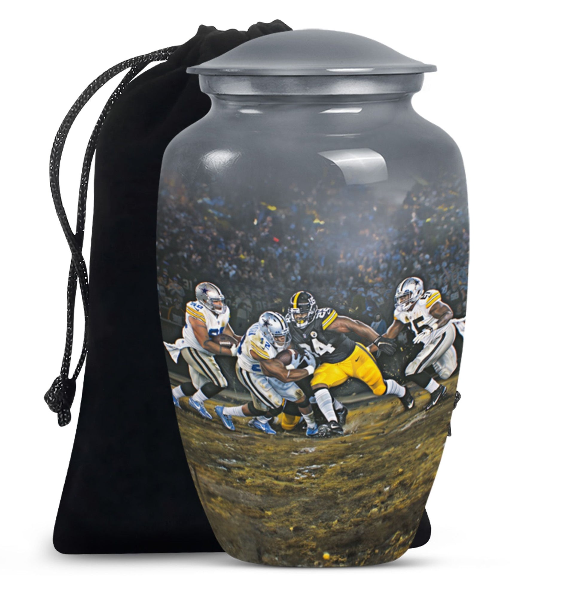 Classic 10-inch large aluminum football urn for burial ashes, includes velvet pouch