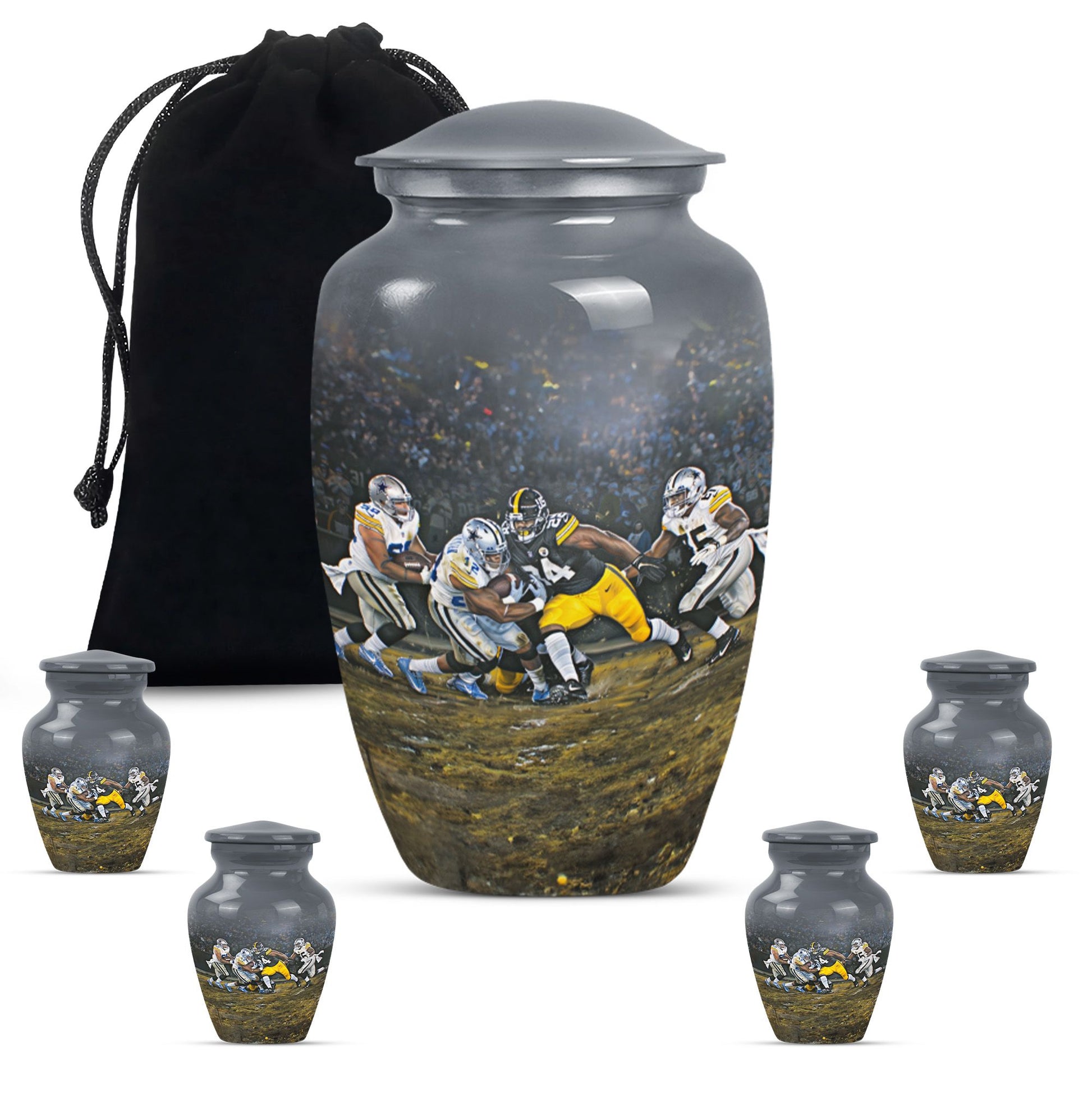 Classic 10-inch large aluminum football urn for burial ashes, includes velvet pouch