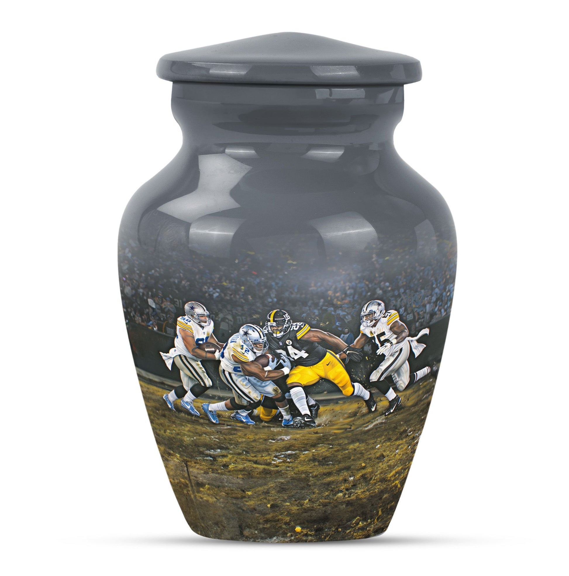 Classic 10-inch large aluminum football urn for burial ashes, includes velvet pouch