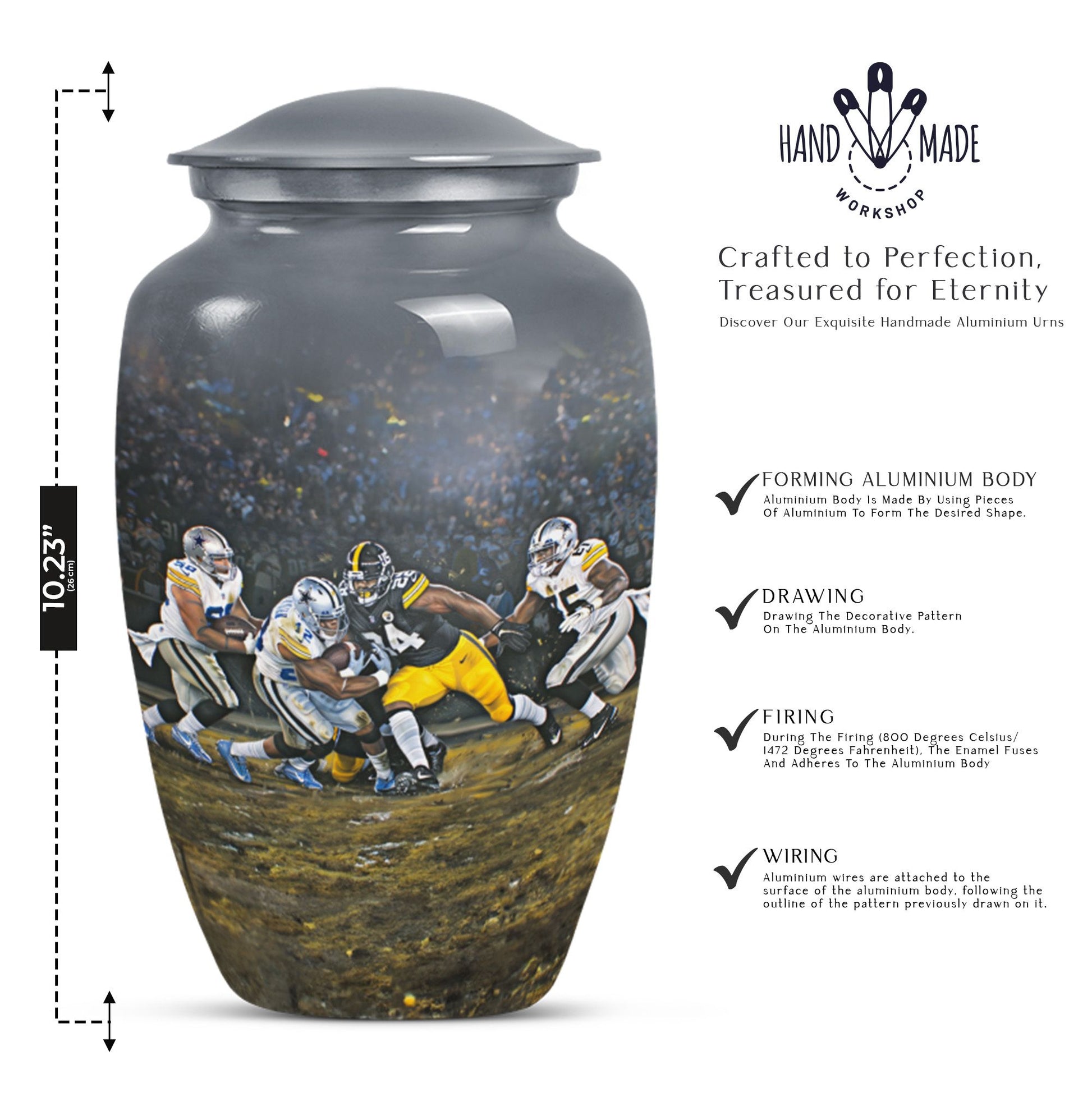 Classic 10-inch large aluminum football urn for burial ashes, includes velvet pouch