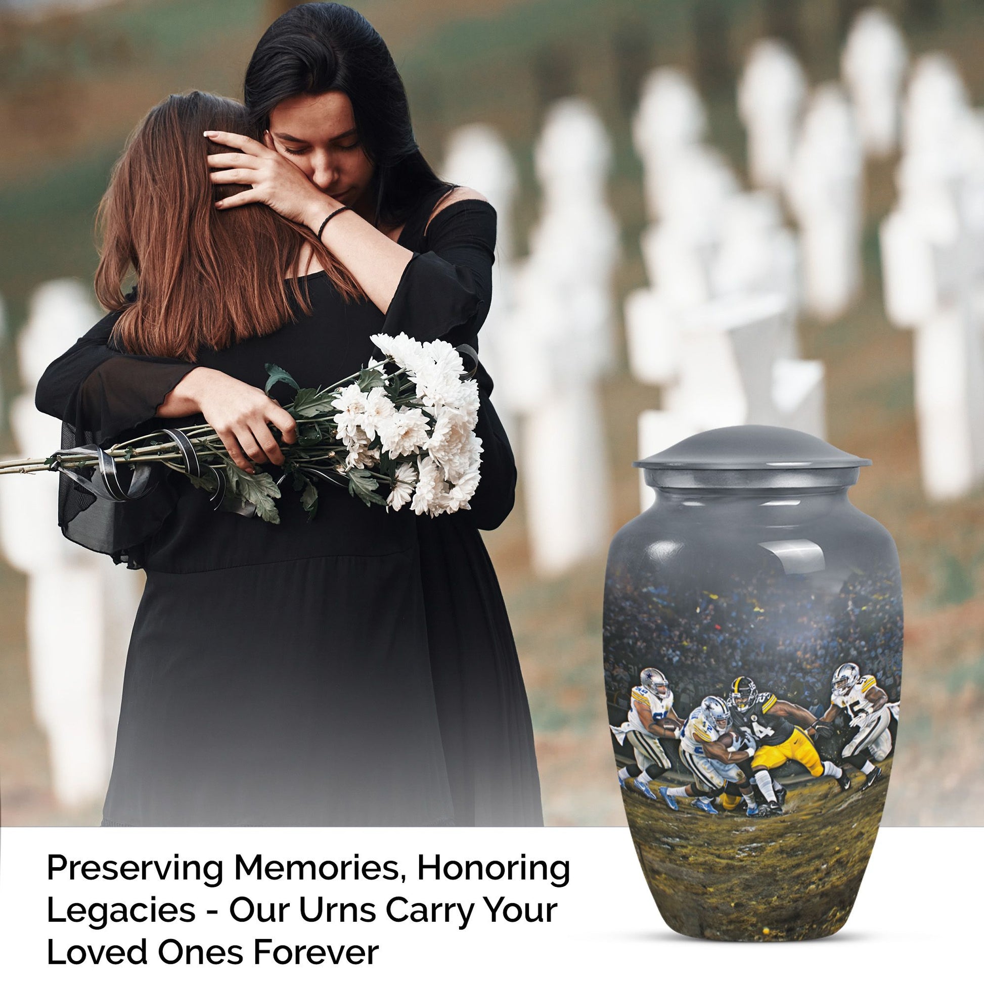 Classic 10-inch large aluminum football urn for burial ashes, includes velvet pouch