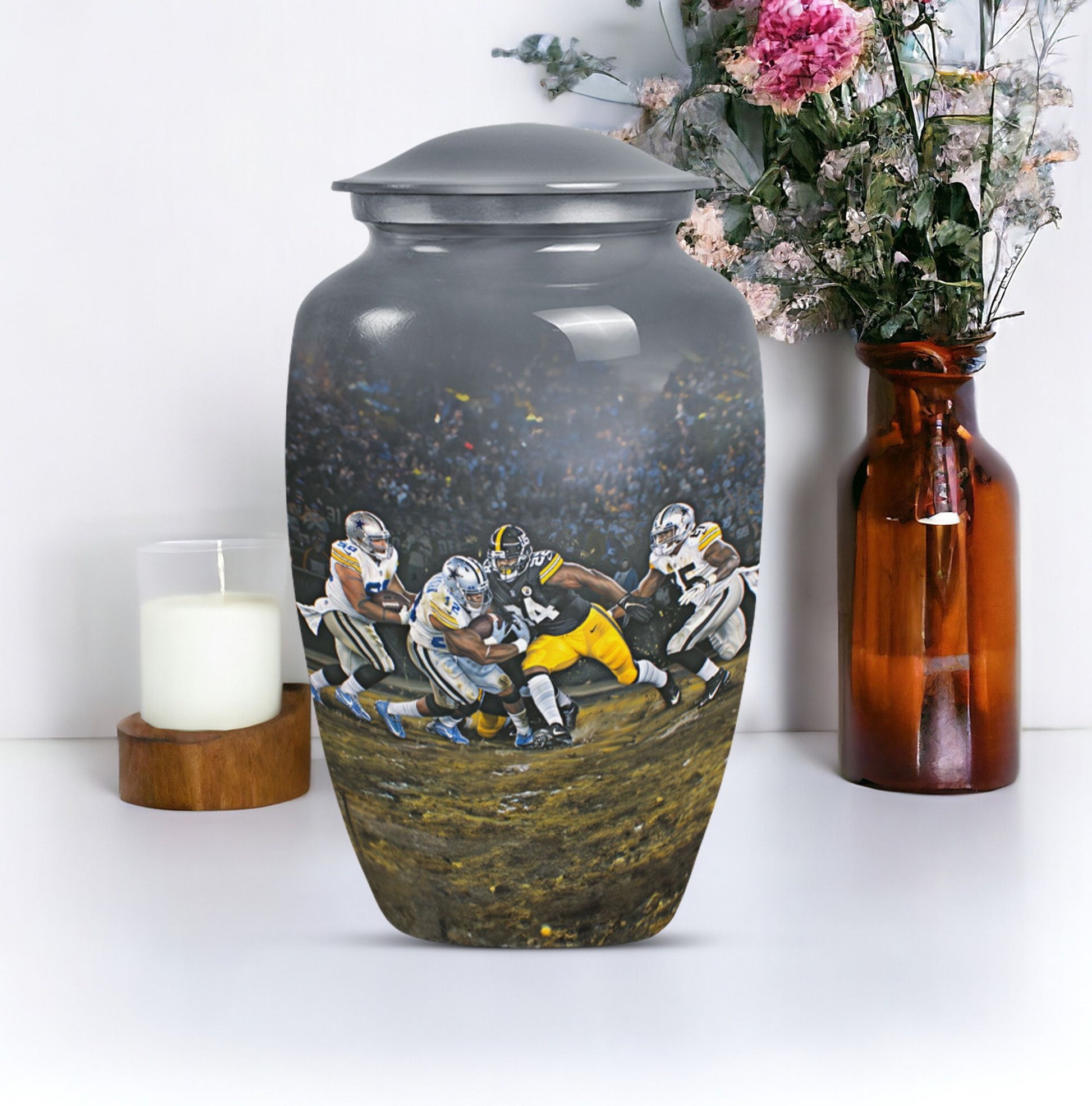 Classic 10-inch large aluminum football urn for burial ashes, includes velvet pouch