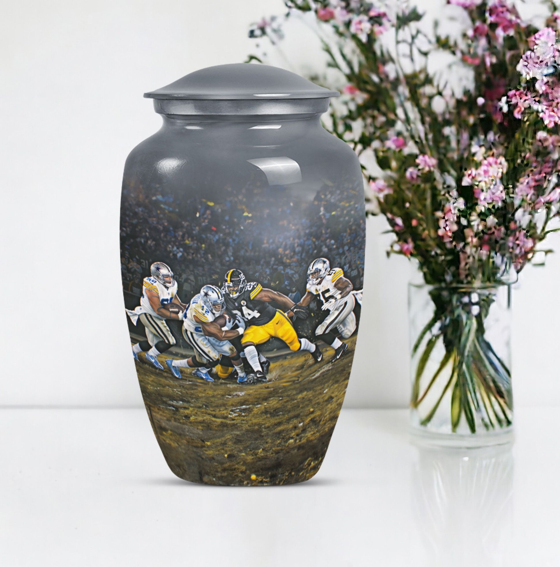 Classic 10-inch large aluminum football urn for burial ashes, includes velvet pouch