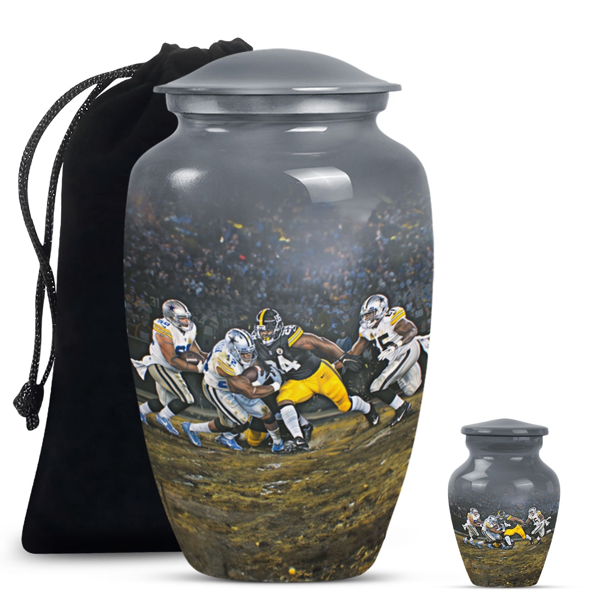 Classic 10-inch large aluminum football urn for burial ashes, includes velvet pouch