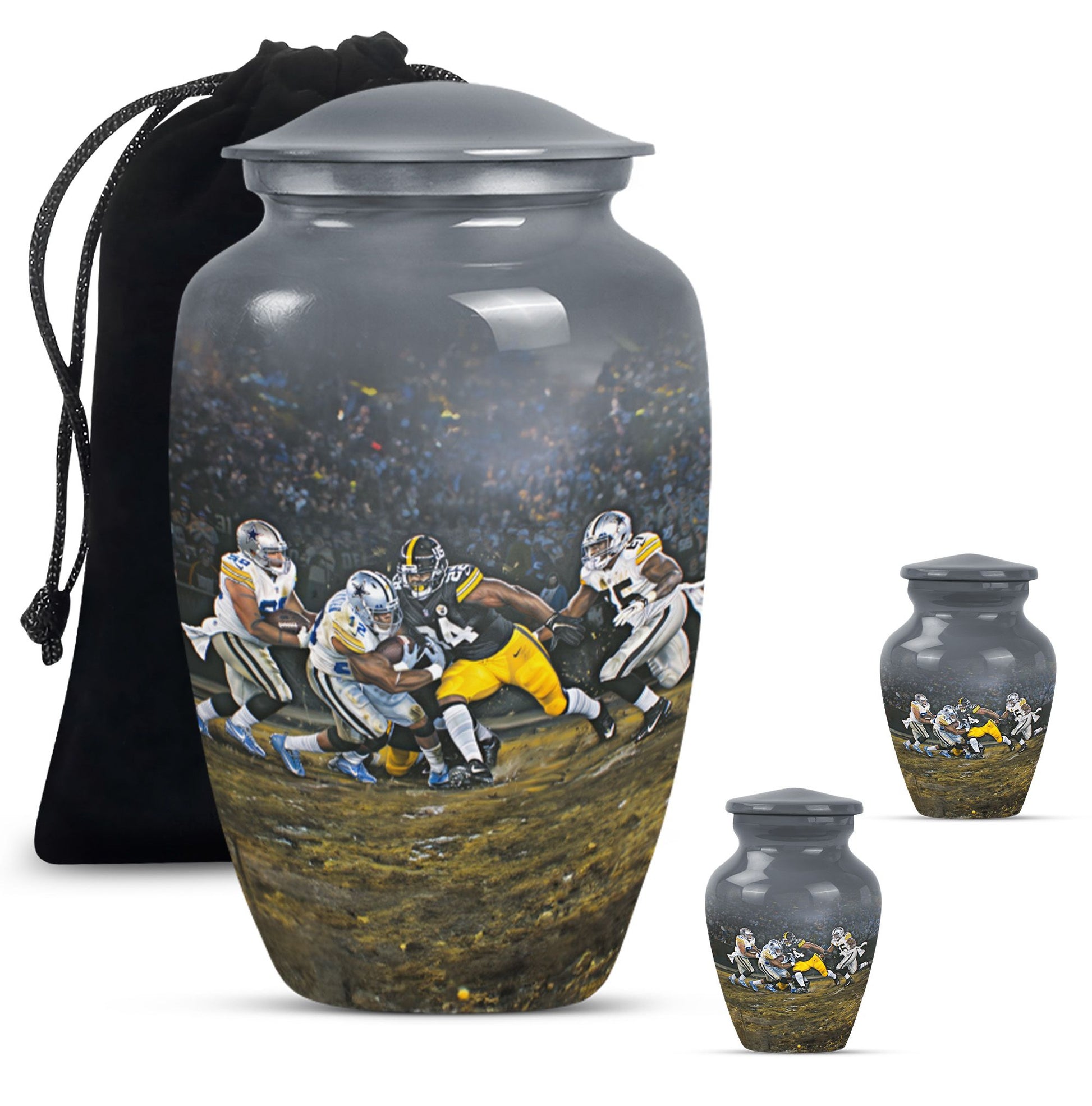 Classic 10-inch large aluminum football urn for burial ashes, includes velvet pouch