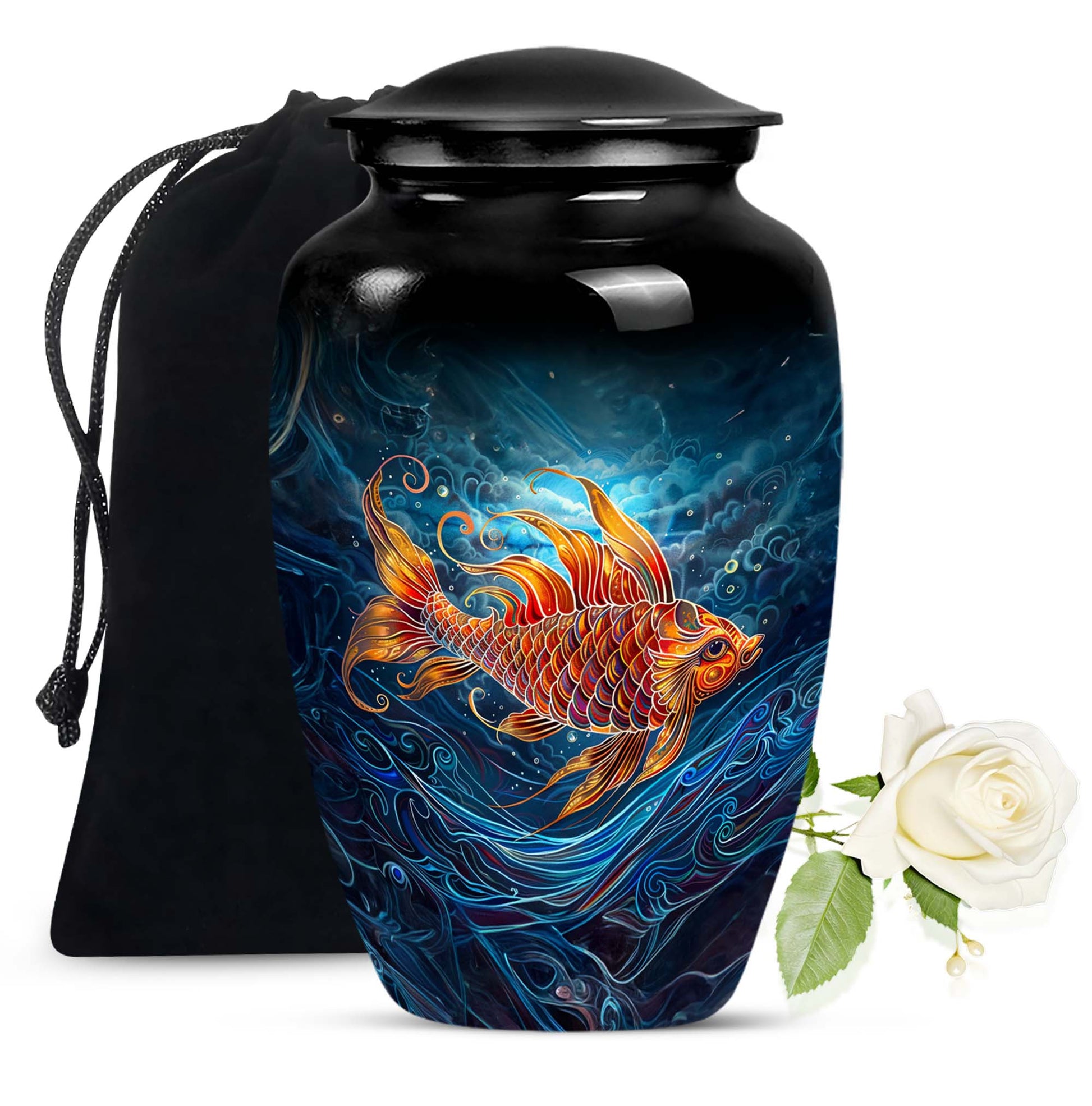 10-inch classic fish urn for dad with abstract design.