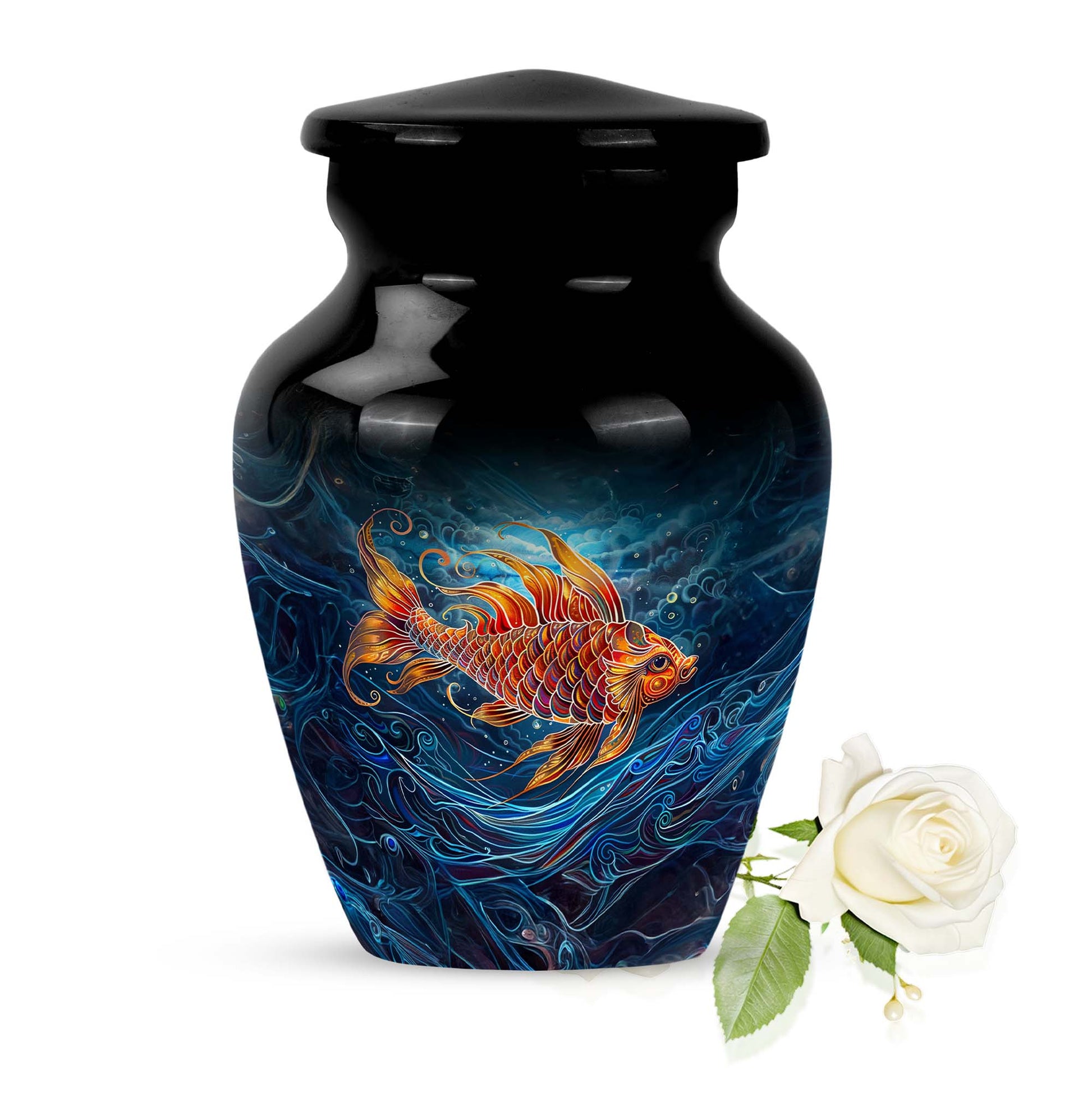 10-inch classic fish urn for dad with abstract design.