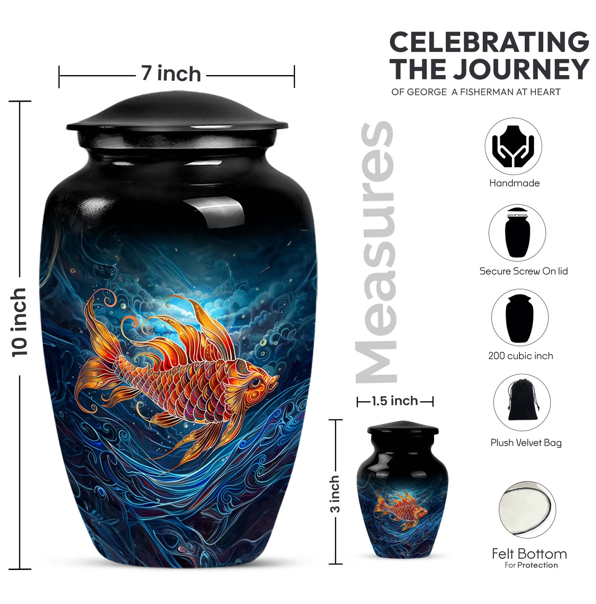 10-inch classic fish urn for dad with abstract design.