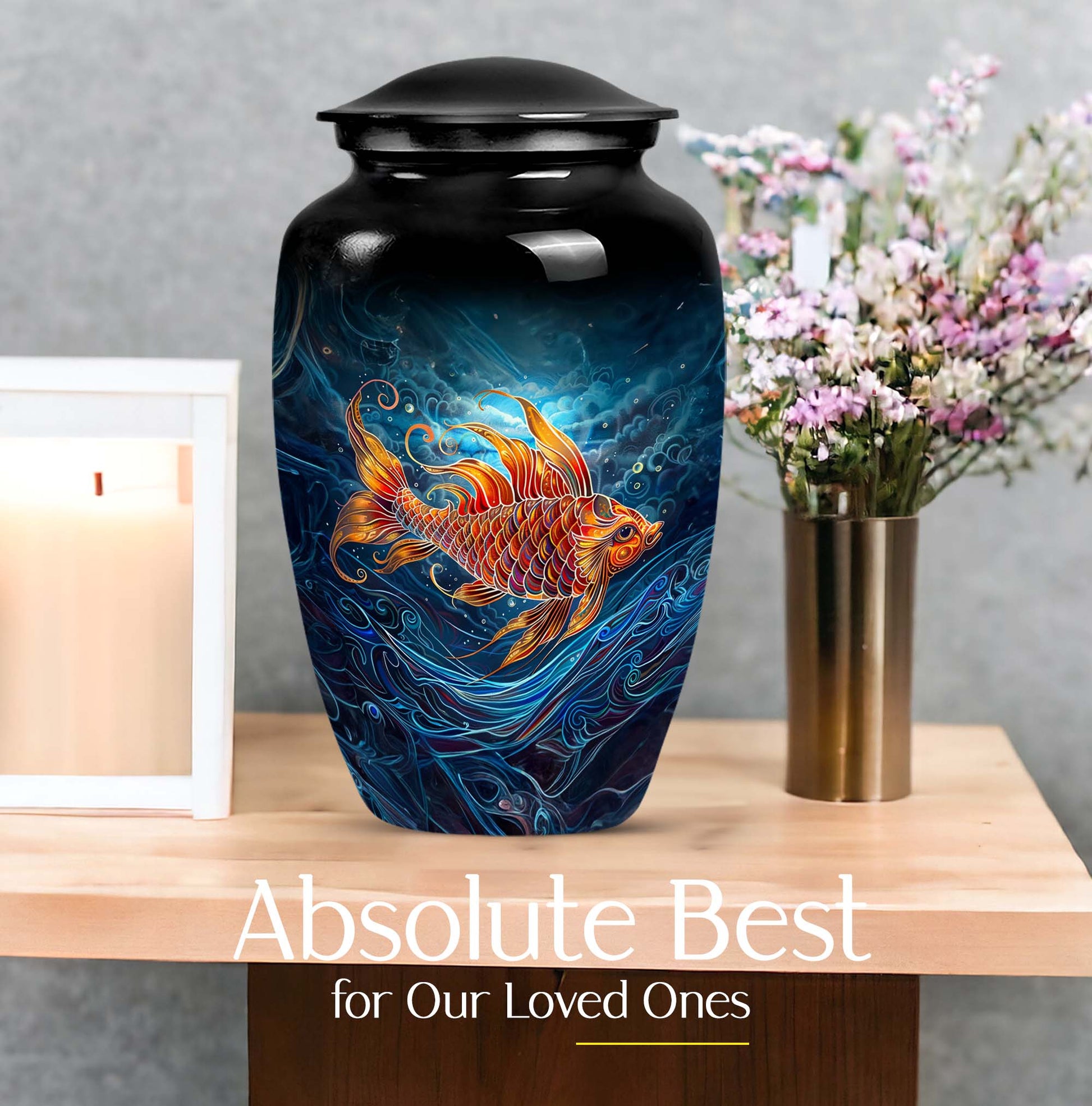 10-inch classic fish urn for dad with abstract design.