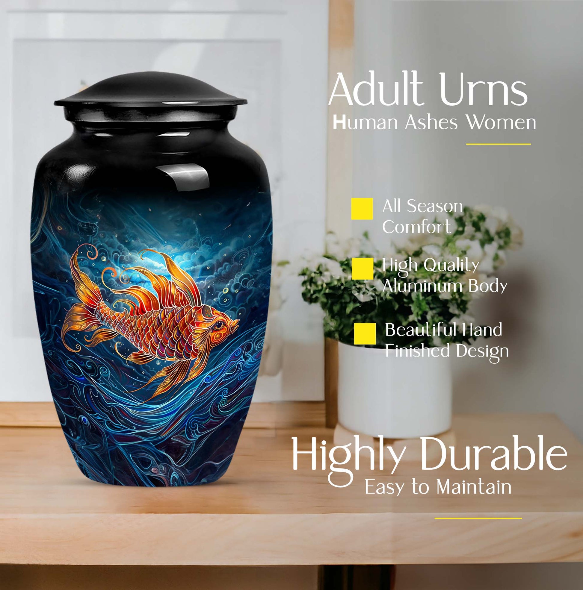 10-inch classic fish urn for dad with abstract design.