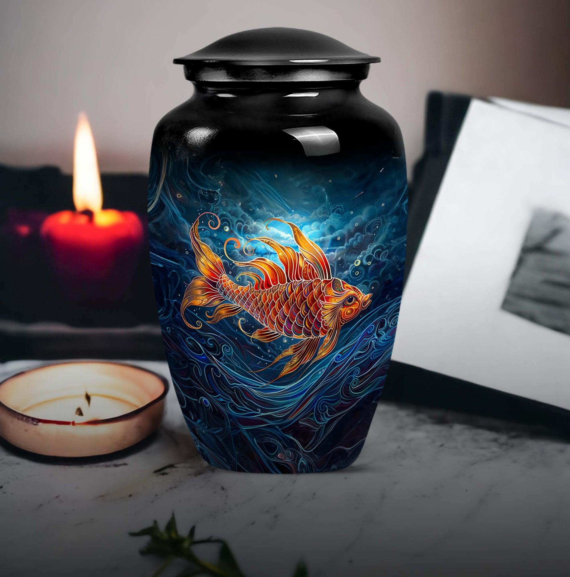 10-inch classic fish urn for dad with abstract design.