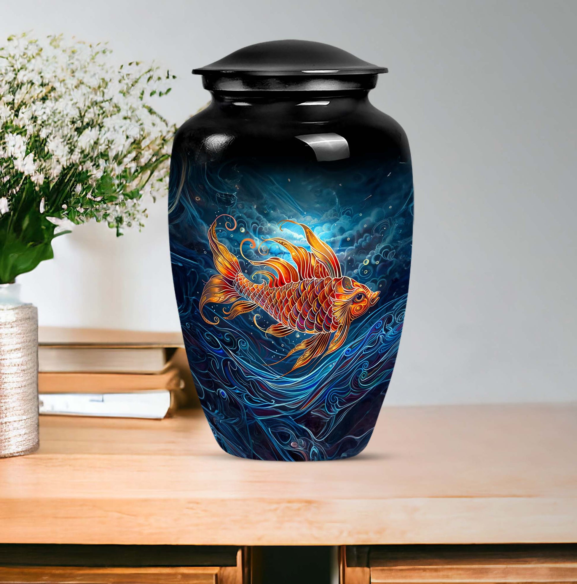 10-inch classic fish urn for dad with abstract design.