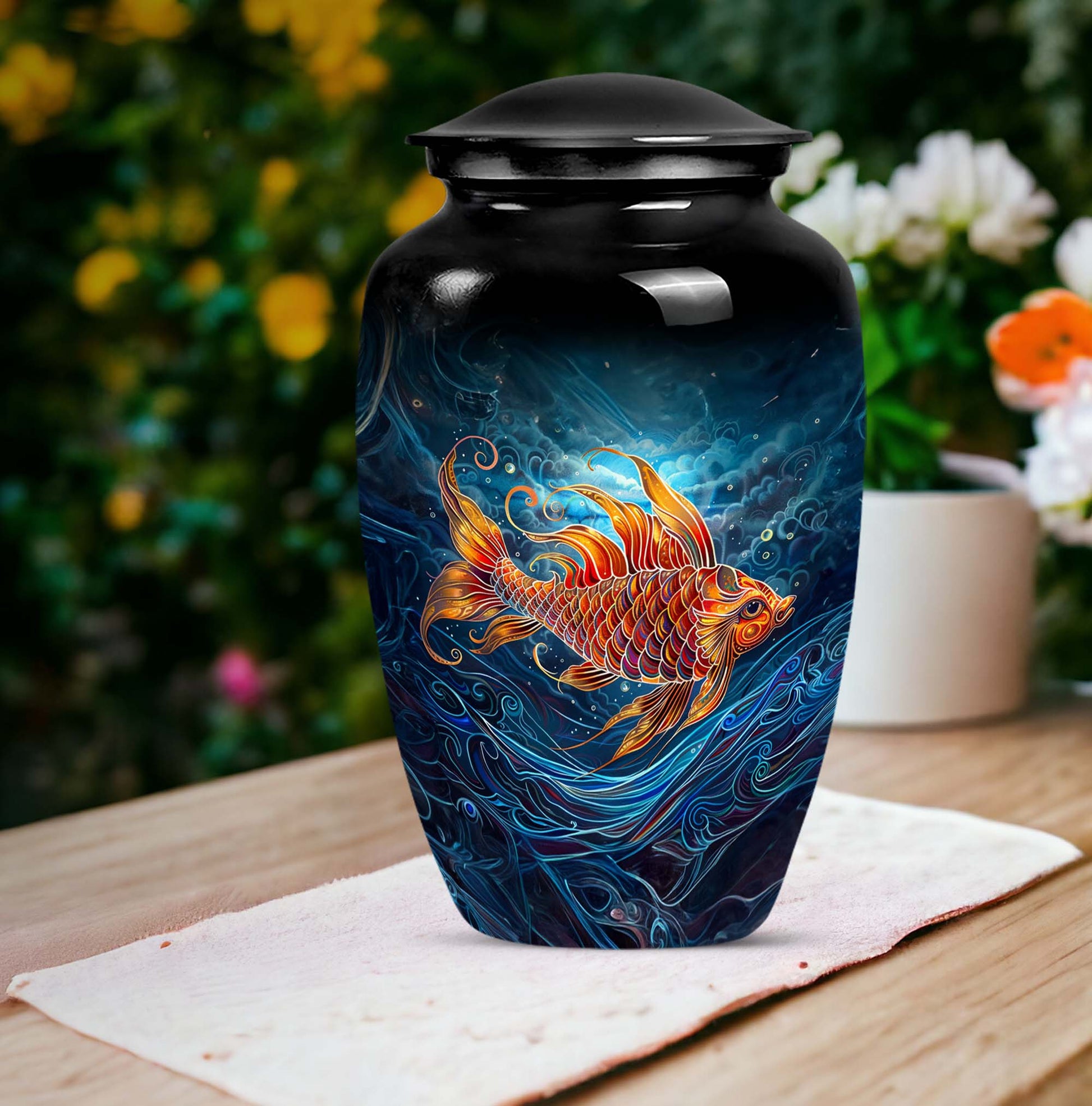 10-inch classic fish urn for dad with abstract design.