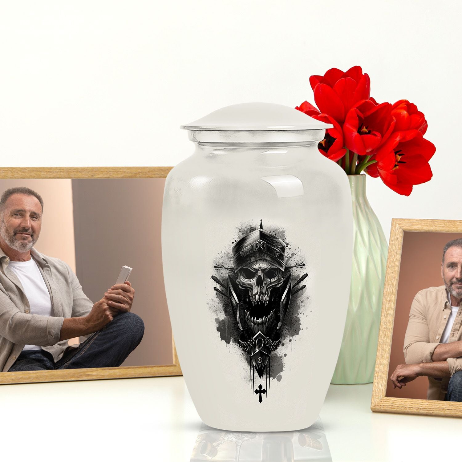 classic aluminium catholic urn for adult women's ashes.