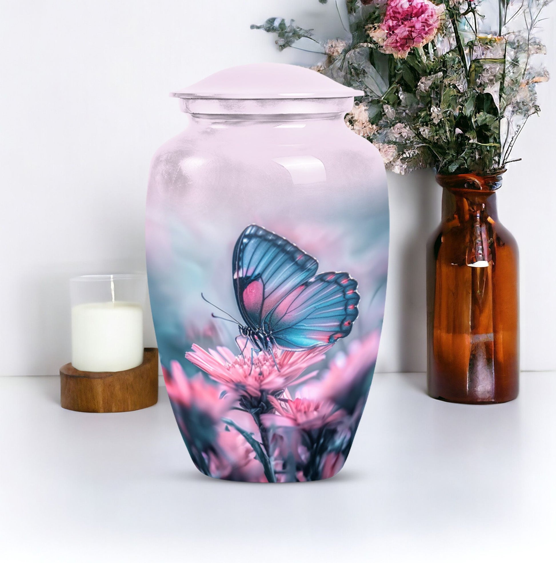 10-inch butterfly urn, classic design, aluminum.