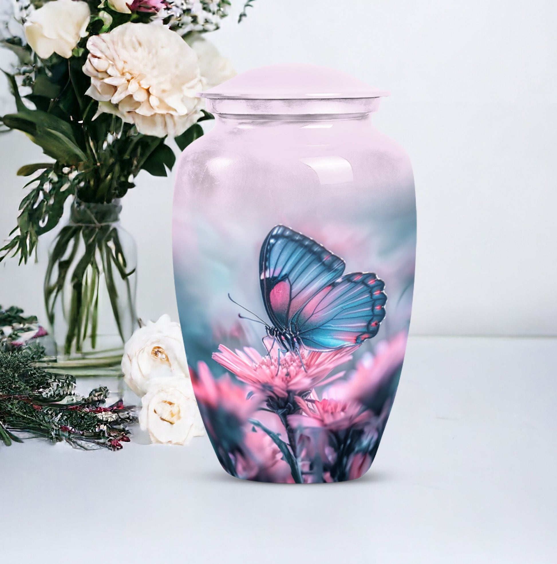 10-inch butterfly urn, classic design, aluminum.