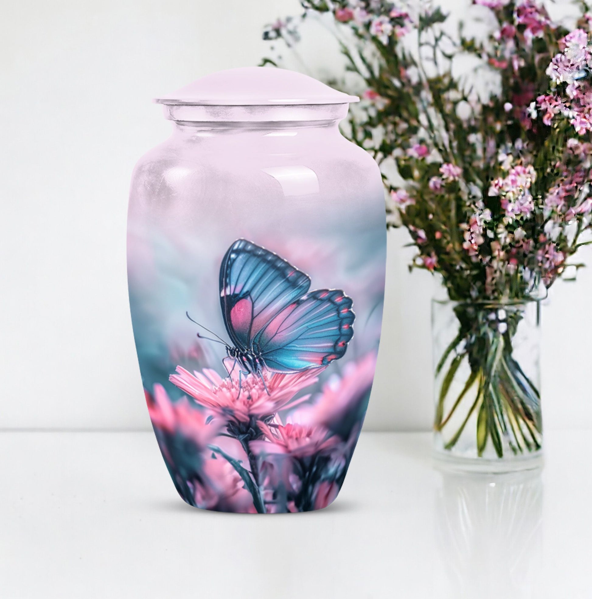 10-inch butterfly urn, classic design, aluminum.