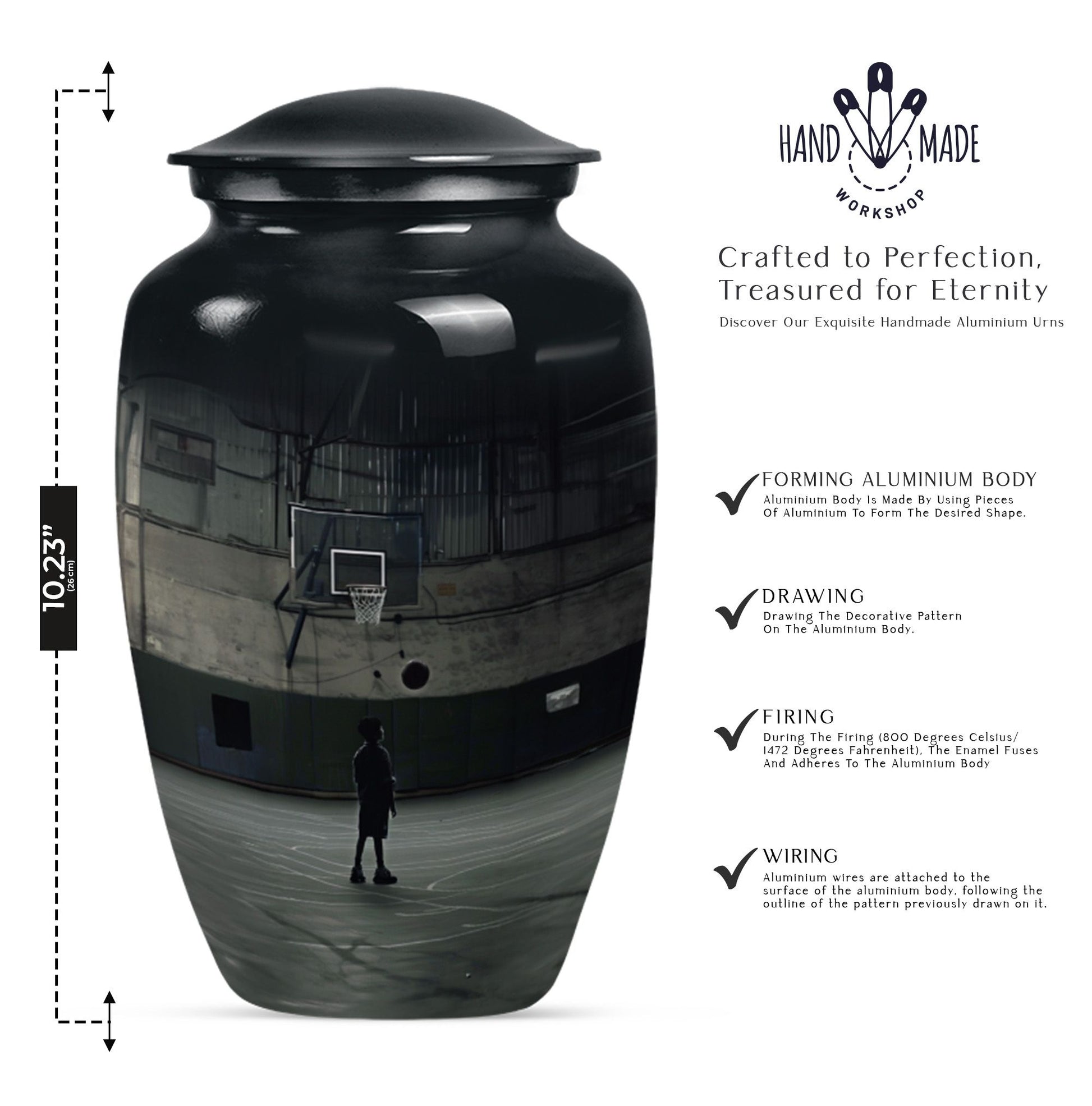 10-inch basketball urn made from aluminium.