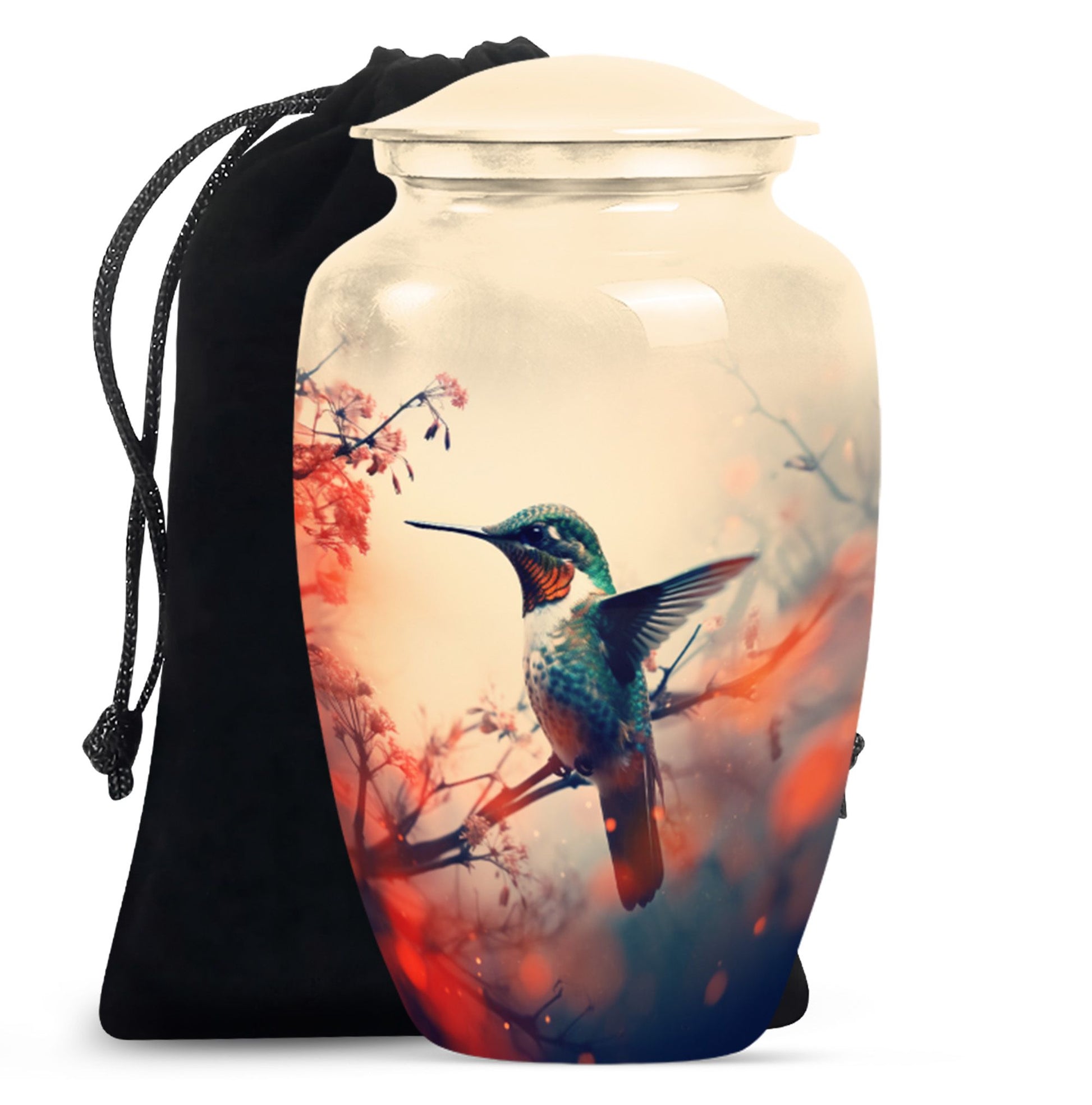 Classic 10-inch hummingbird-themed aluminum cremation urn