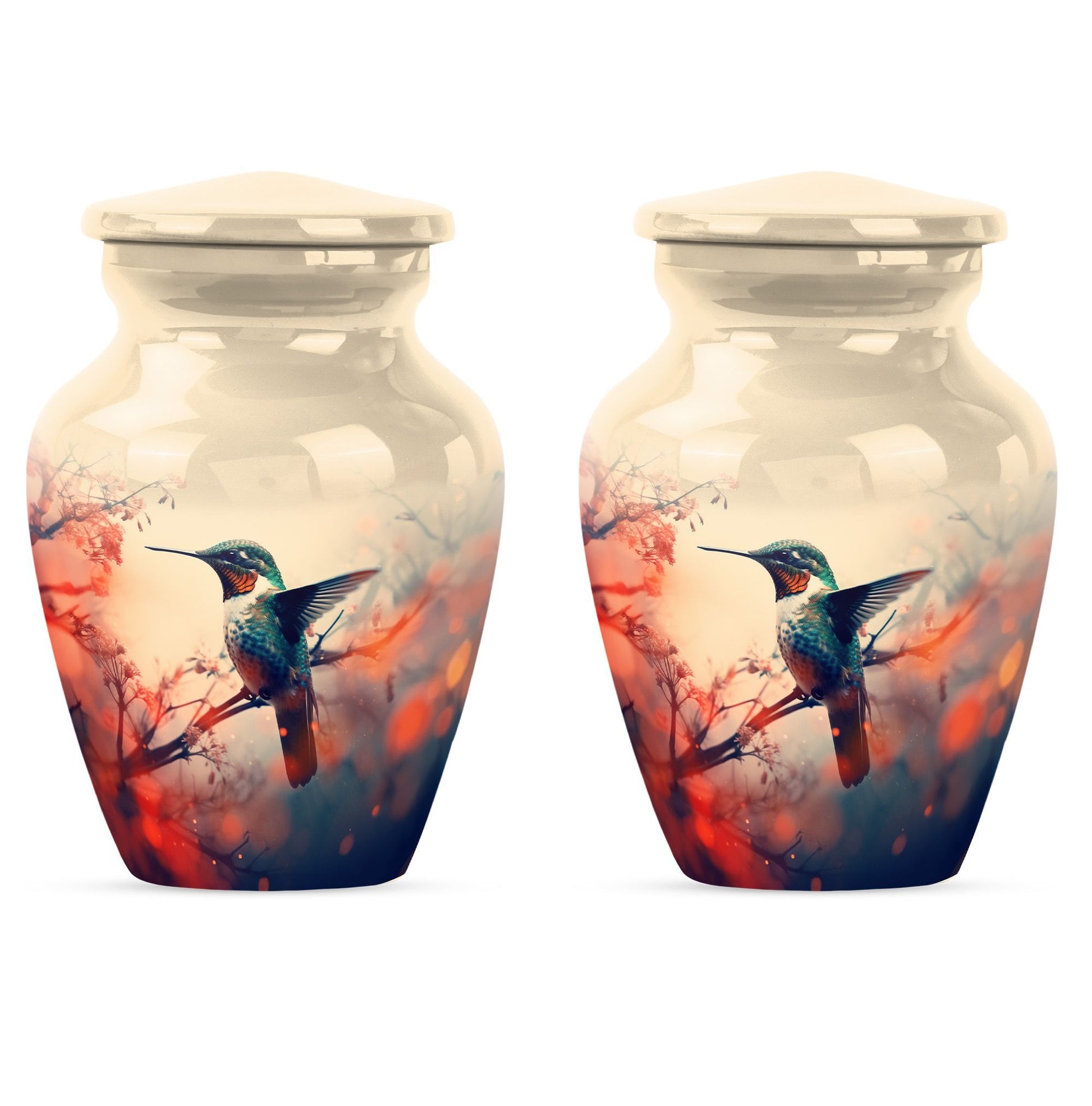 Classic 10-inch hummingbird-themed aluminum cremation urn