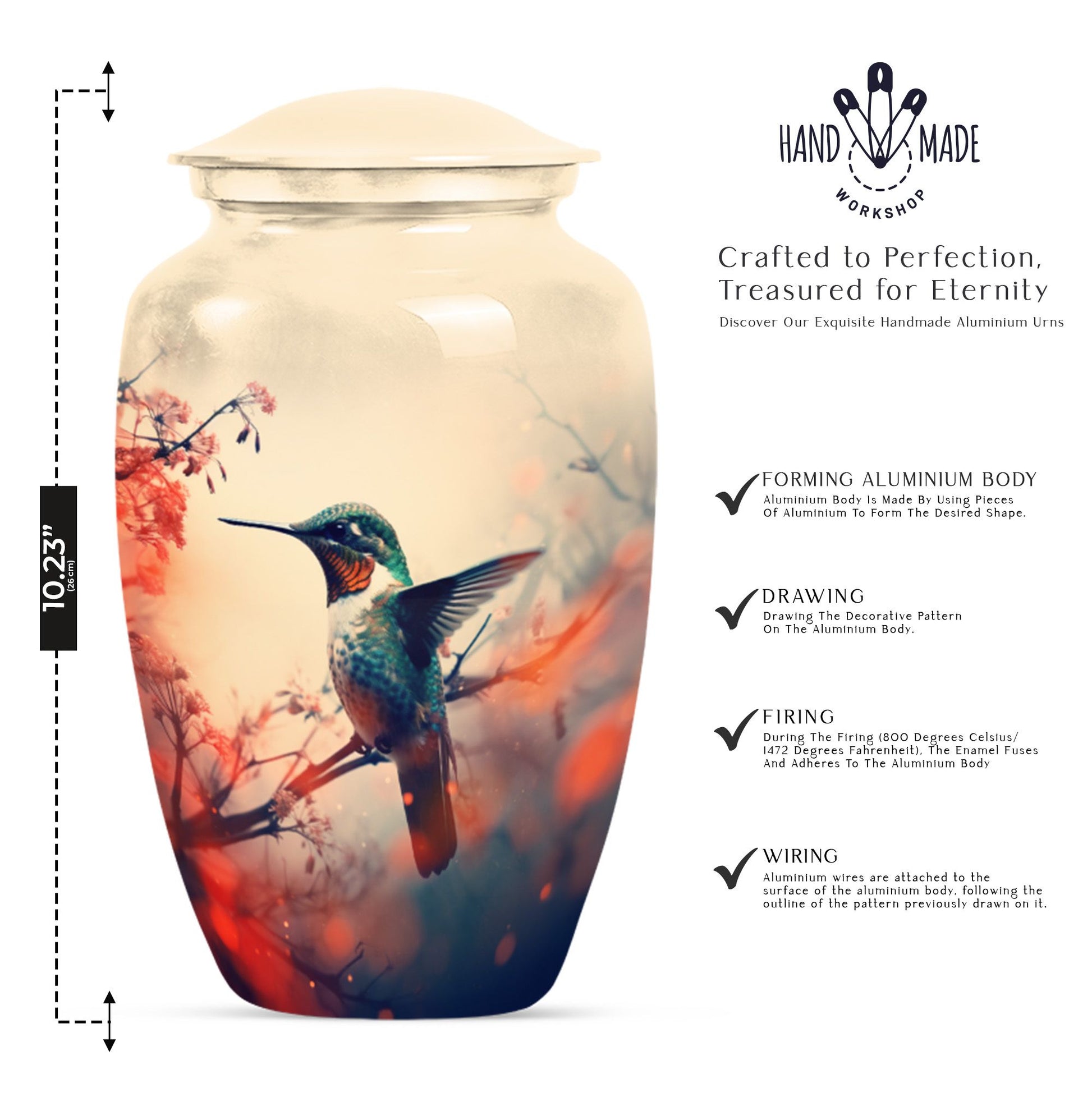 Classic 10-inch hummingbird-themed aluminum cremation urn