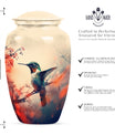 Classic 10-inch hummingbird-themed aluminum cremation urn