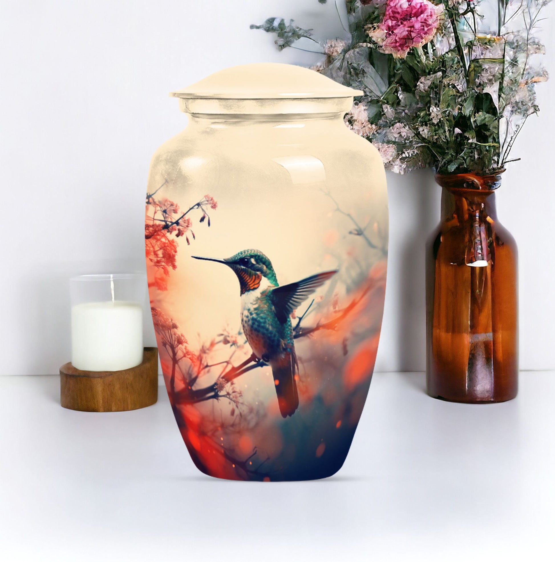 Classic 10-inch hummingbird-themed aluminum cremation urn