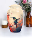 Classic 10-inch hummingbird-themed aluminum cremation urn