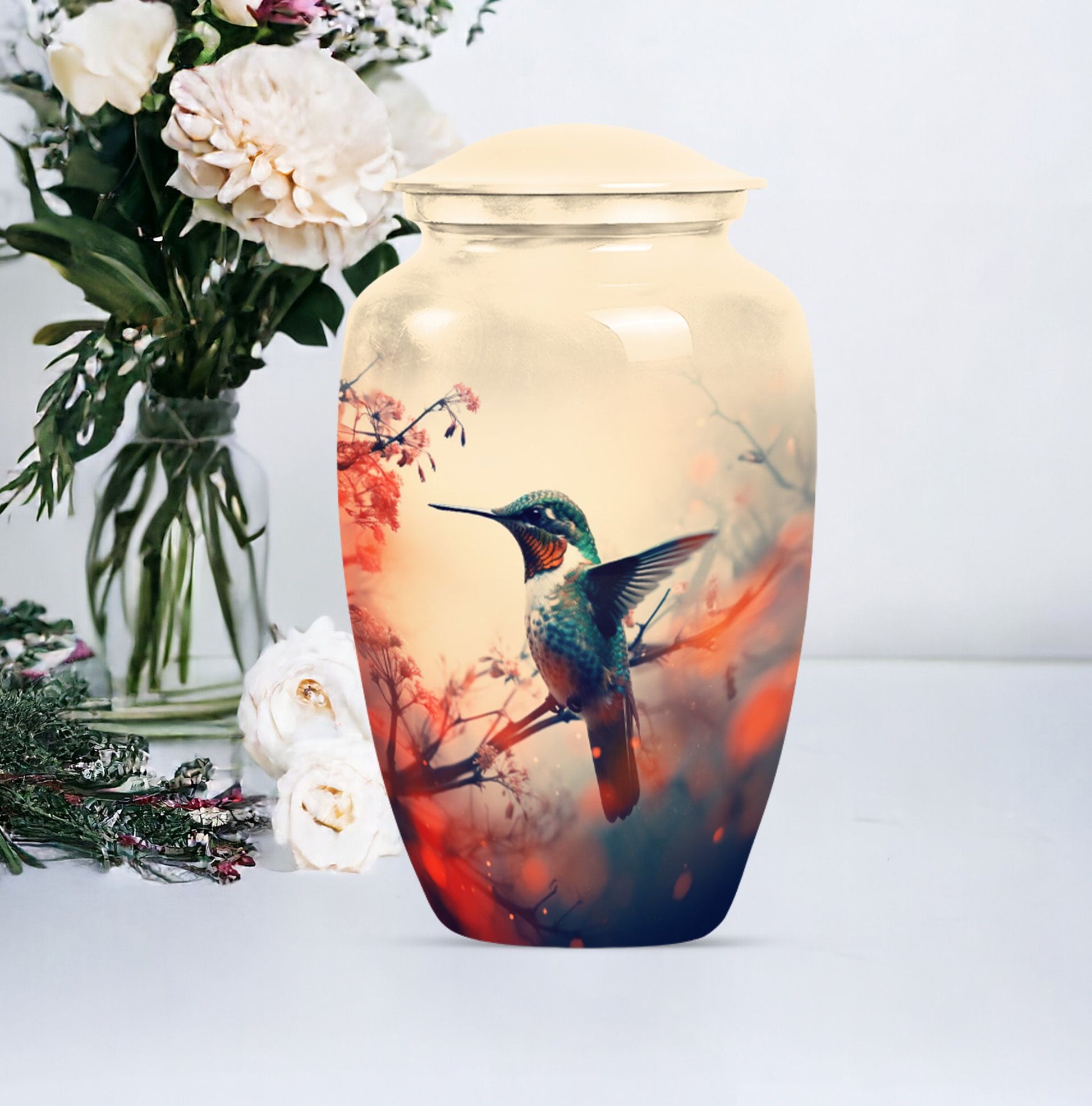 Classic 10-inch hummingbird-themed aluminum cremation urn