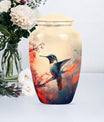 Classic 10-inch hummingbird-themed aluminum cremation urn