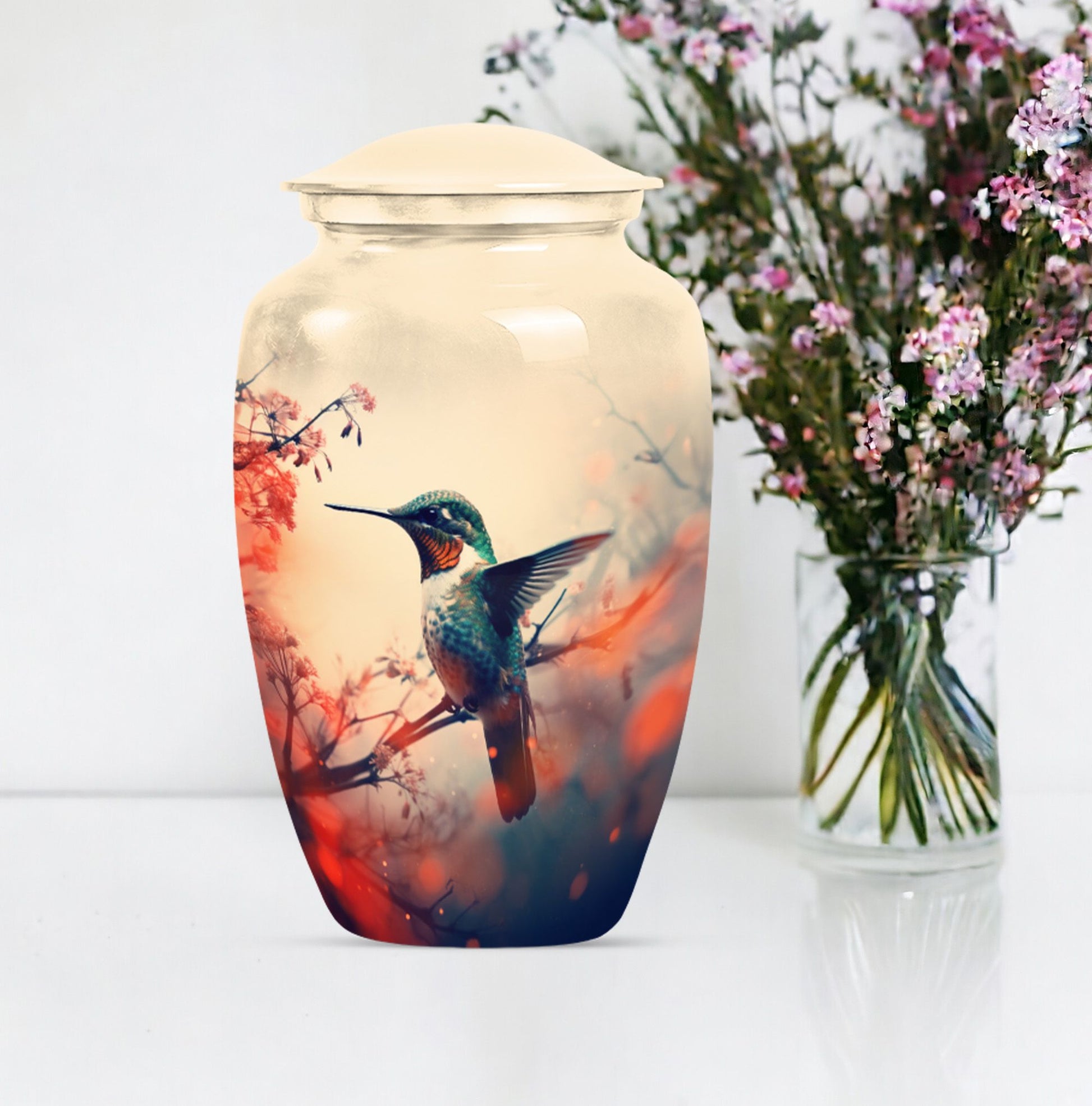 Classic 10-inch hummingbird-themed aluminum cremation urn