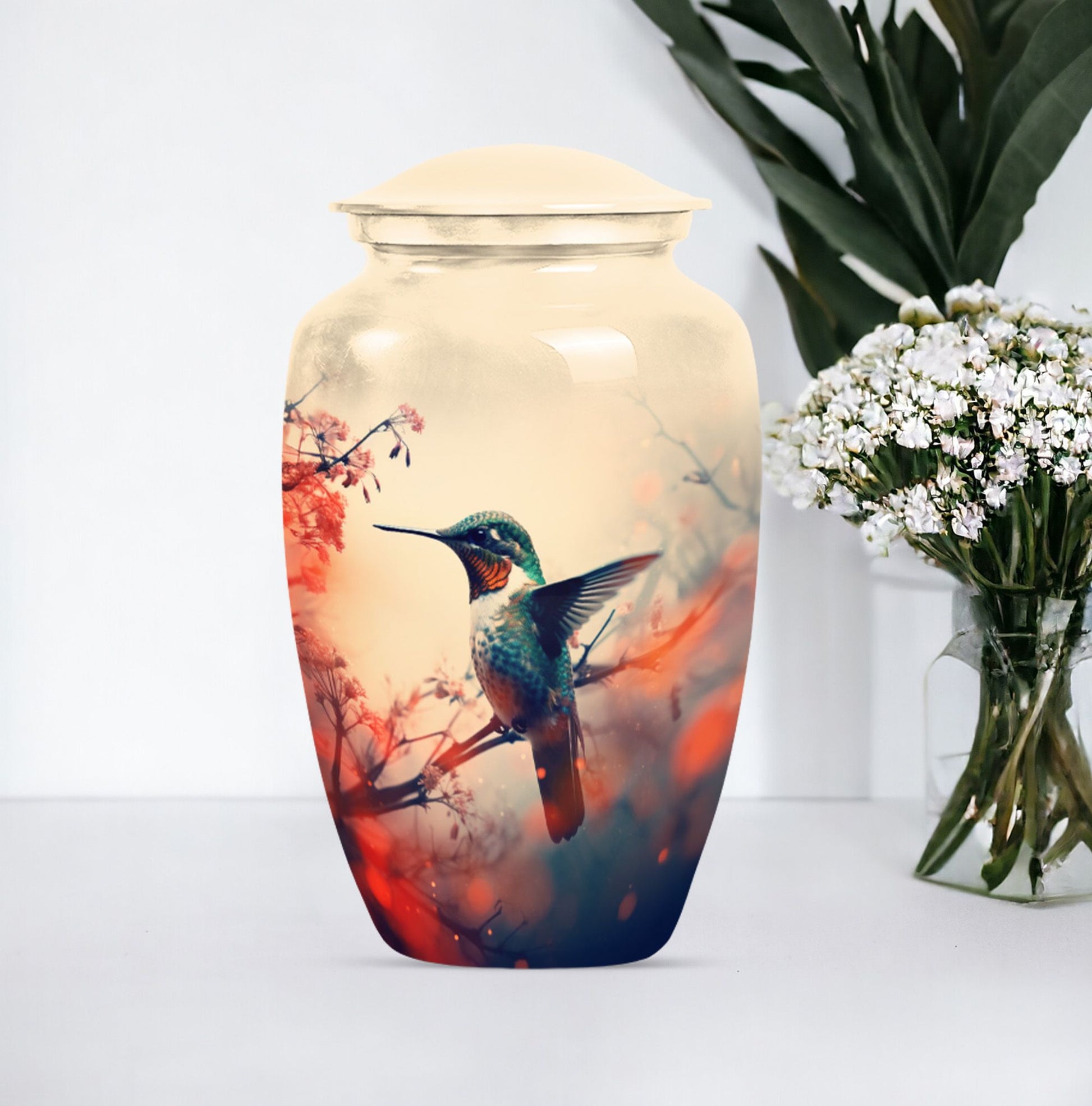 Classic 10-inch hummingbird-themed aluminum cremation urn