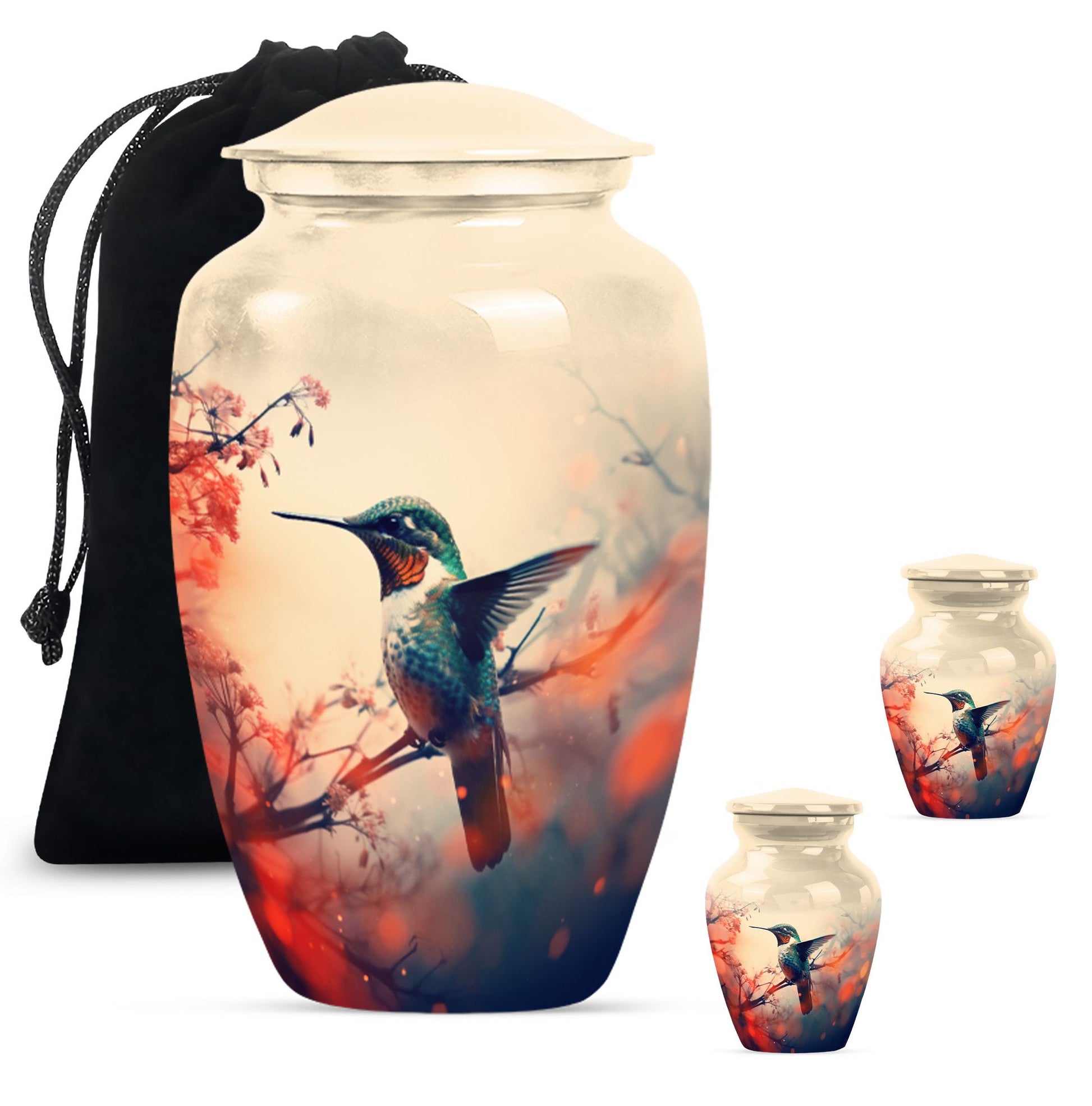 Classic 10-inch hummingbird-themed aluminum cremation urn