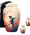 Classic 10-inch hummingbird-themed aluminum cremation urn