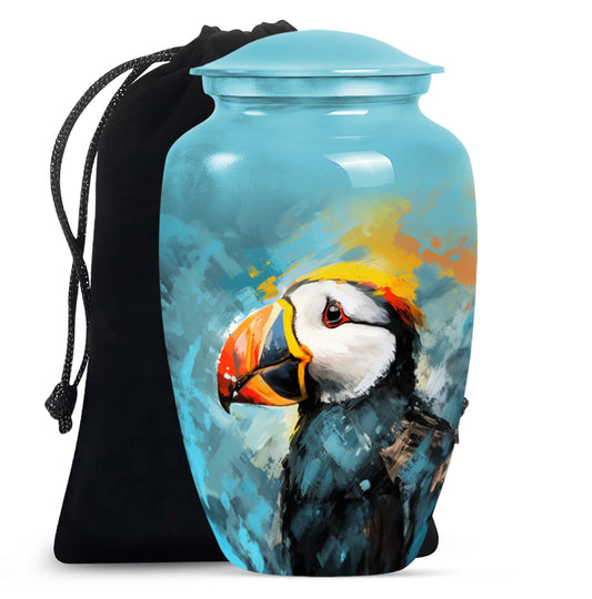 10-inch Puffin Bird Urn, classic memorial urn for adults.